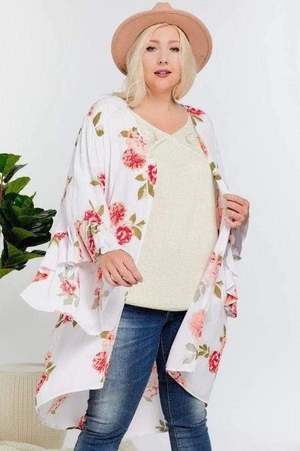 Plus Size Floral Print Ruffle Detailed Draped Longline Maxi Kimono Cardigan Blue Zone Planet