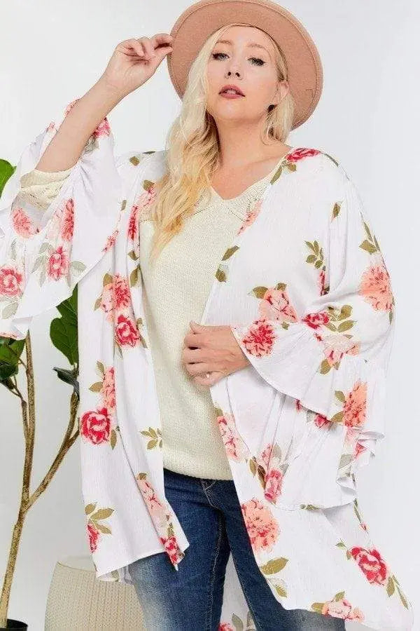 Plus Size Floral Print Ruffle Detailed Draped Longline Maxi Kimono Cardigan Blue Zone Planet