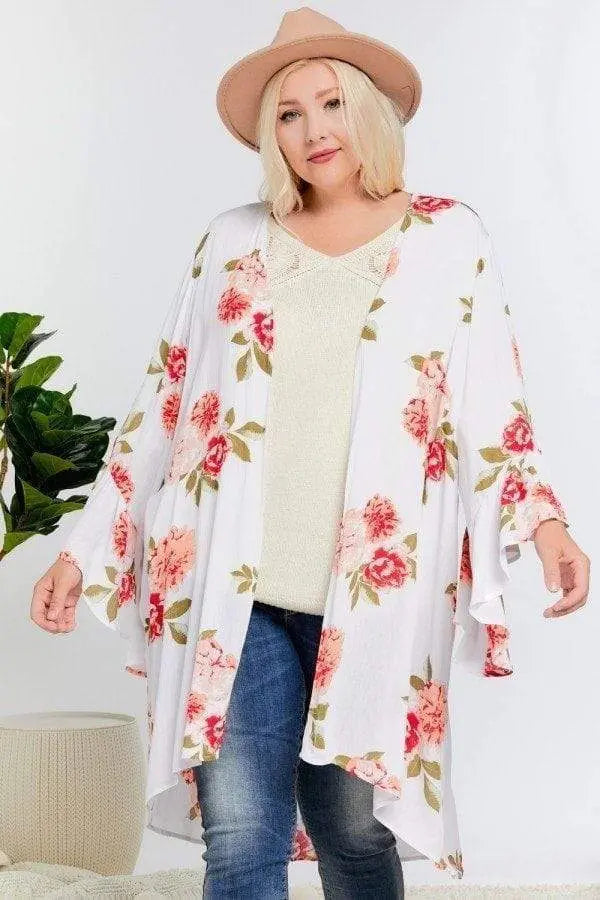 Plus Size Floral Print Ruffle Detailed Draped Longline Maxi Kimono Cardigan Blue Zone Planet