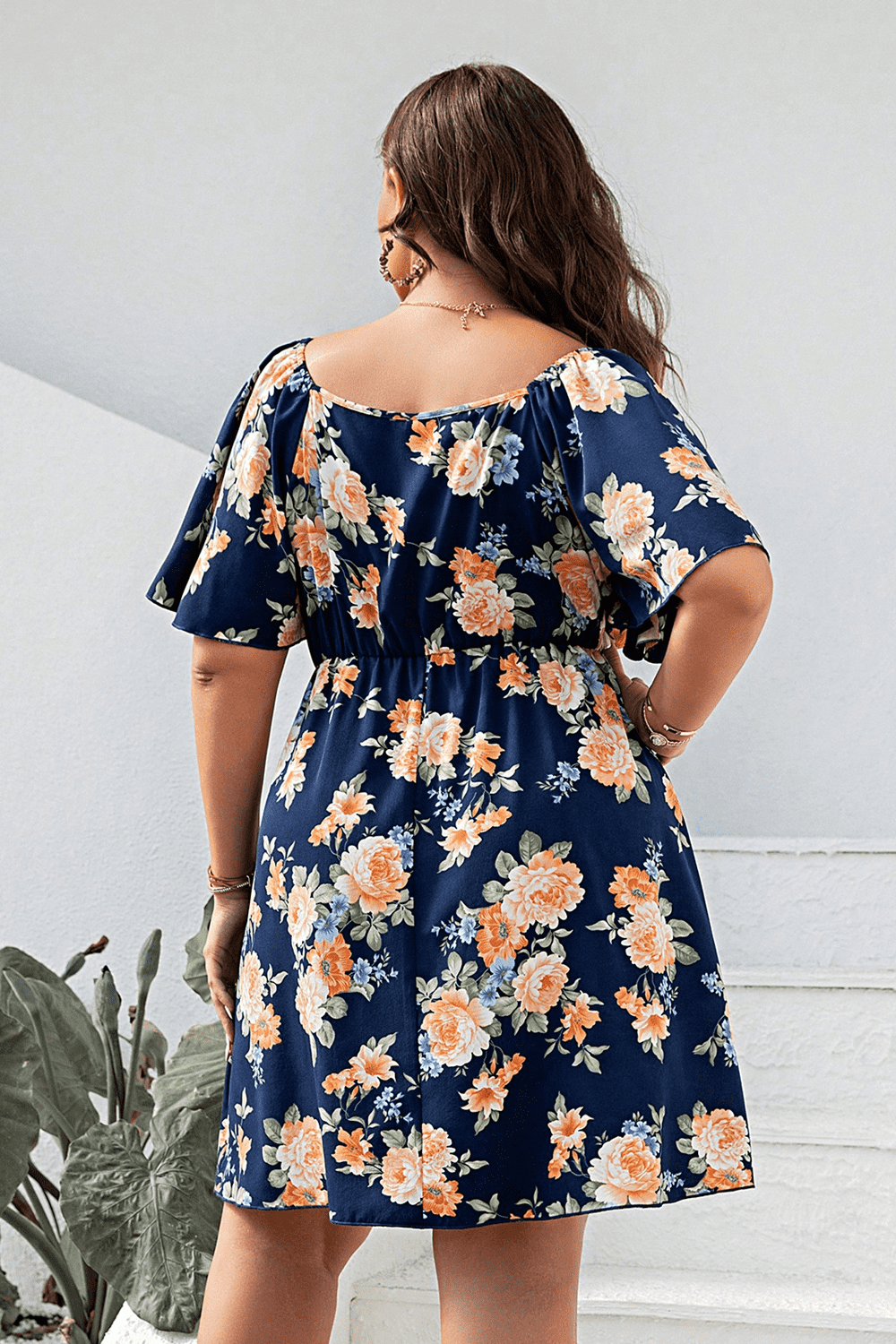 Plus Size Floral Print V-Neck Flutter Sleeve Mini Dress BLUE ZONE PLANET