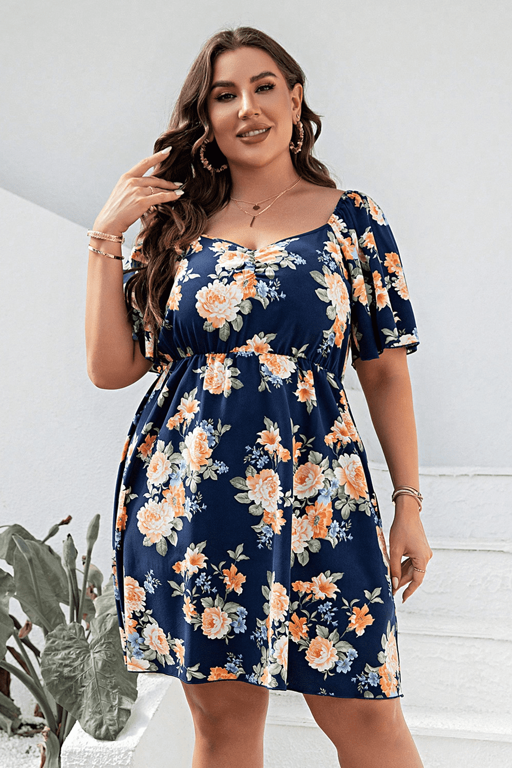 Plus Size Floral Print V-Neck Flutter Sleeve Mini Dress BLUE ZONE PLANET