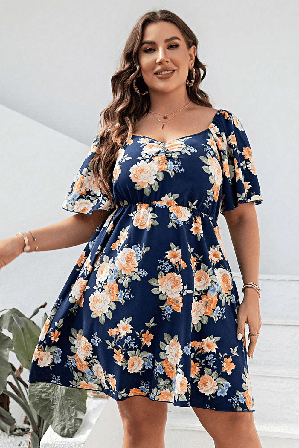 Plus Size Floral Print V-Neck Flutter Sleeve Mini Dress BLUE ZONE PLANET