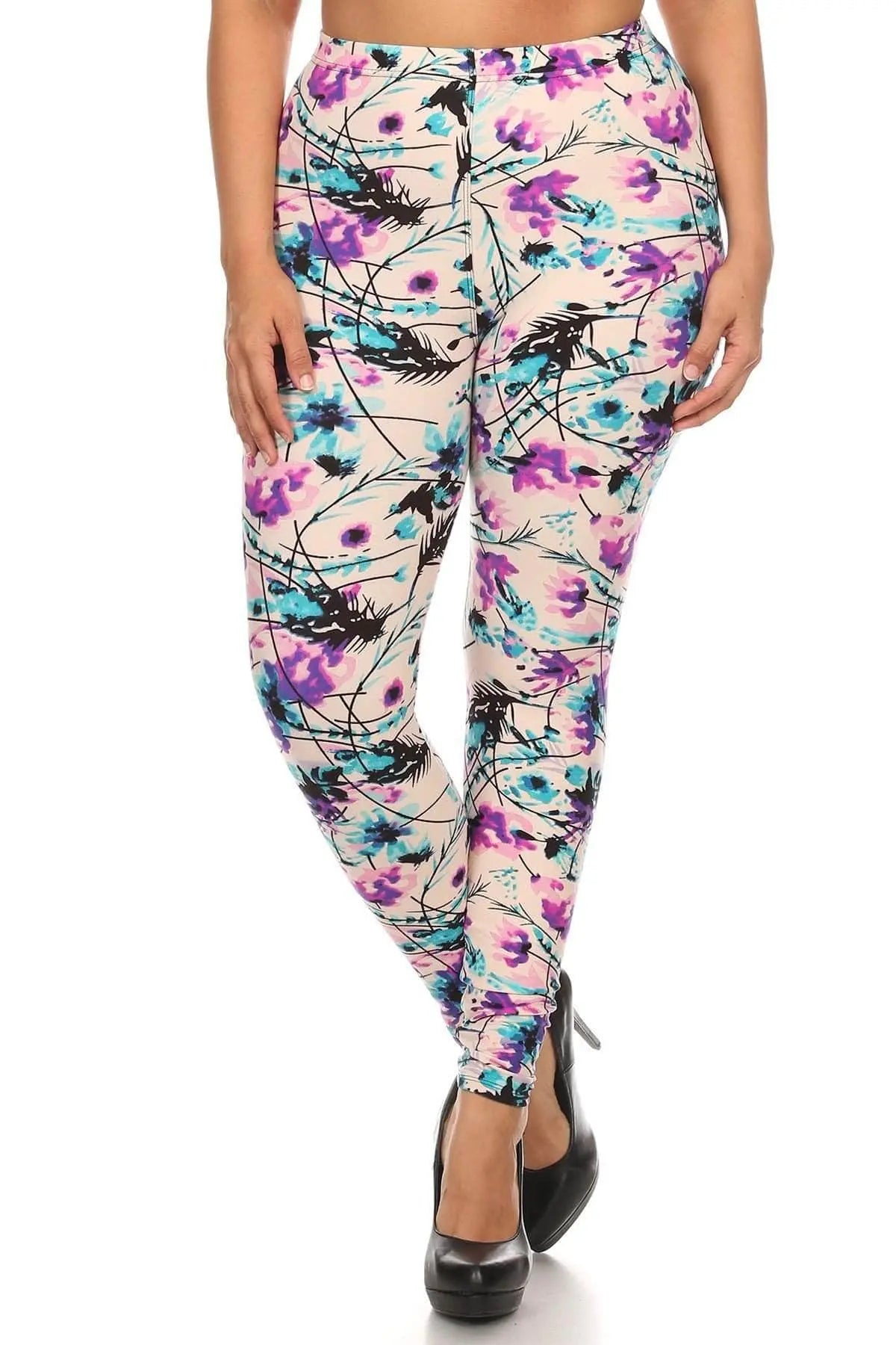 Plus Size Floral Print, Full Length Leggings In A Slim Fitting Style With A Banded High Waist Blue Zone Planet