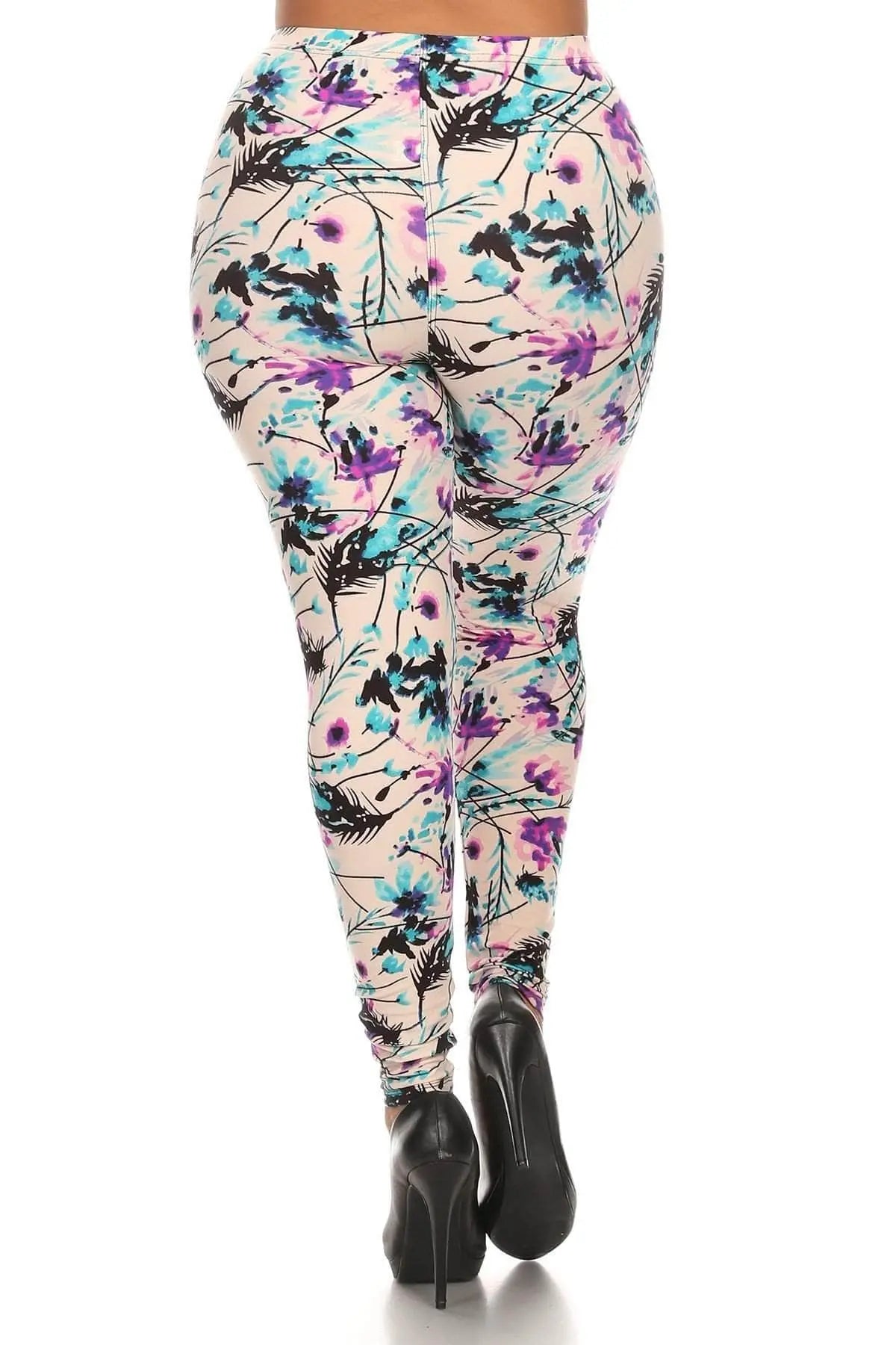 Plus Size Floral Print, Full Length Leggings In A Slim Fitting Style With A Banded High Waist Blue Zone Planet