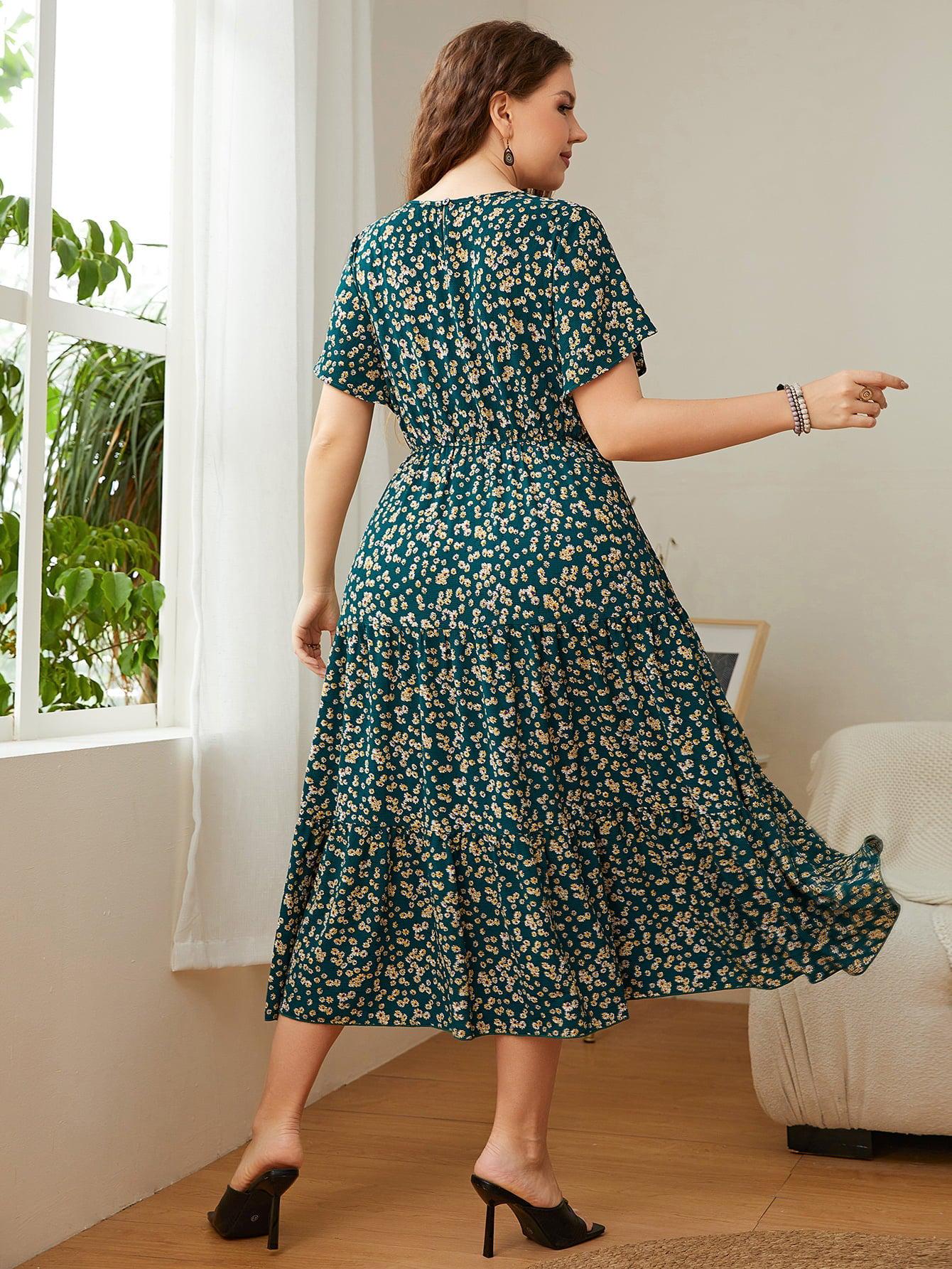 Plus Size Floral Round Neck Short Sleeve Midi Dress BLUE ZONE PLANET