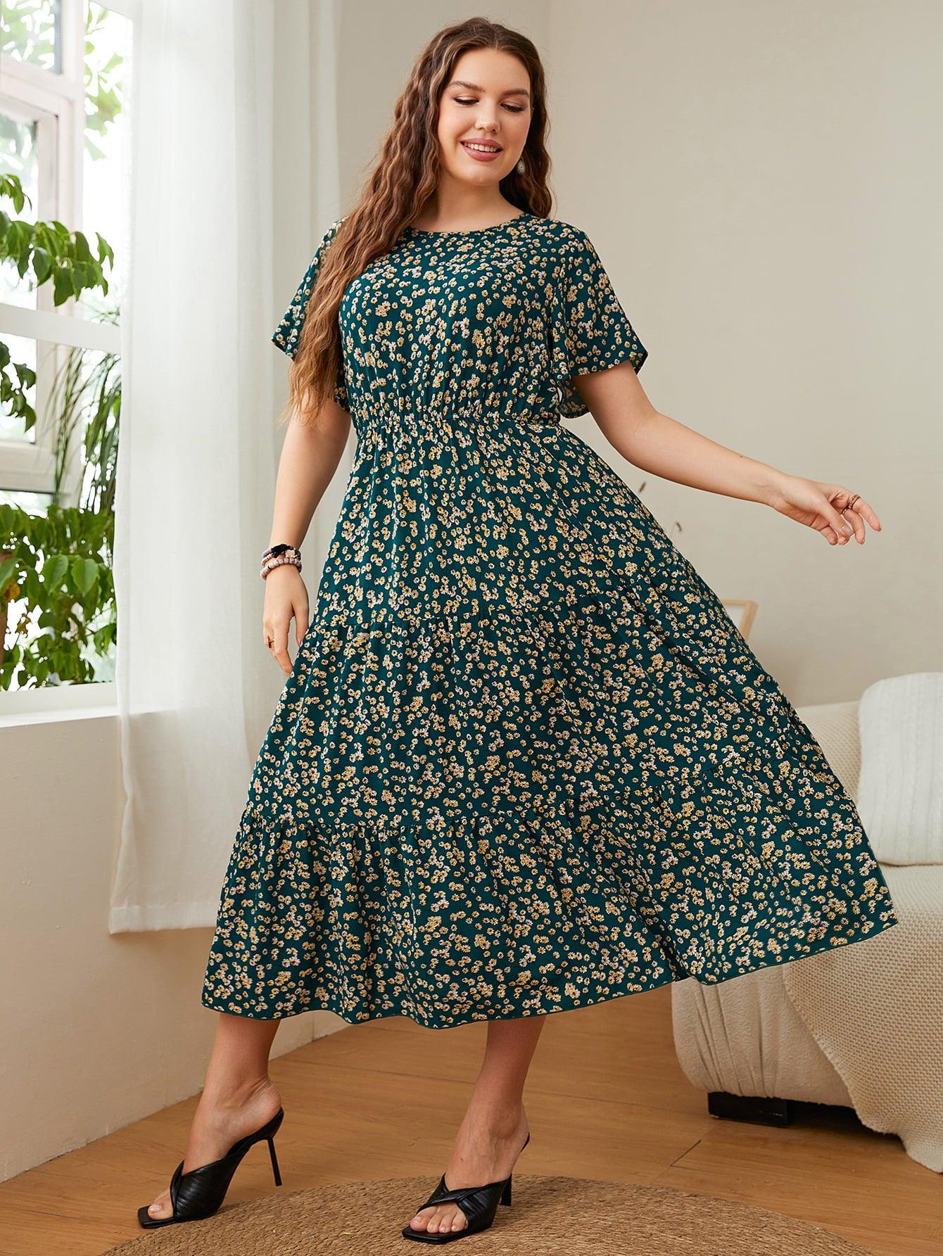 Plus Size Floral Round Neck Short Sleeve Midi Dress BLUE ZONE PLANET