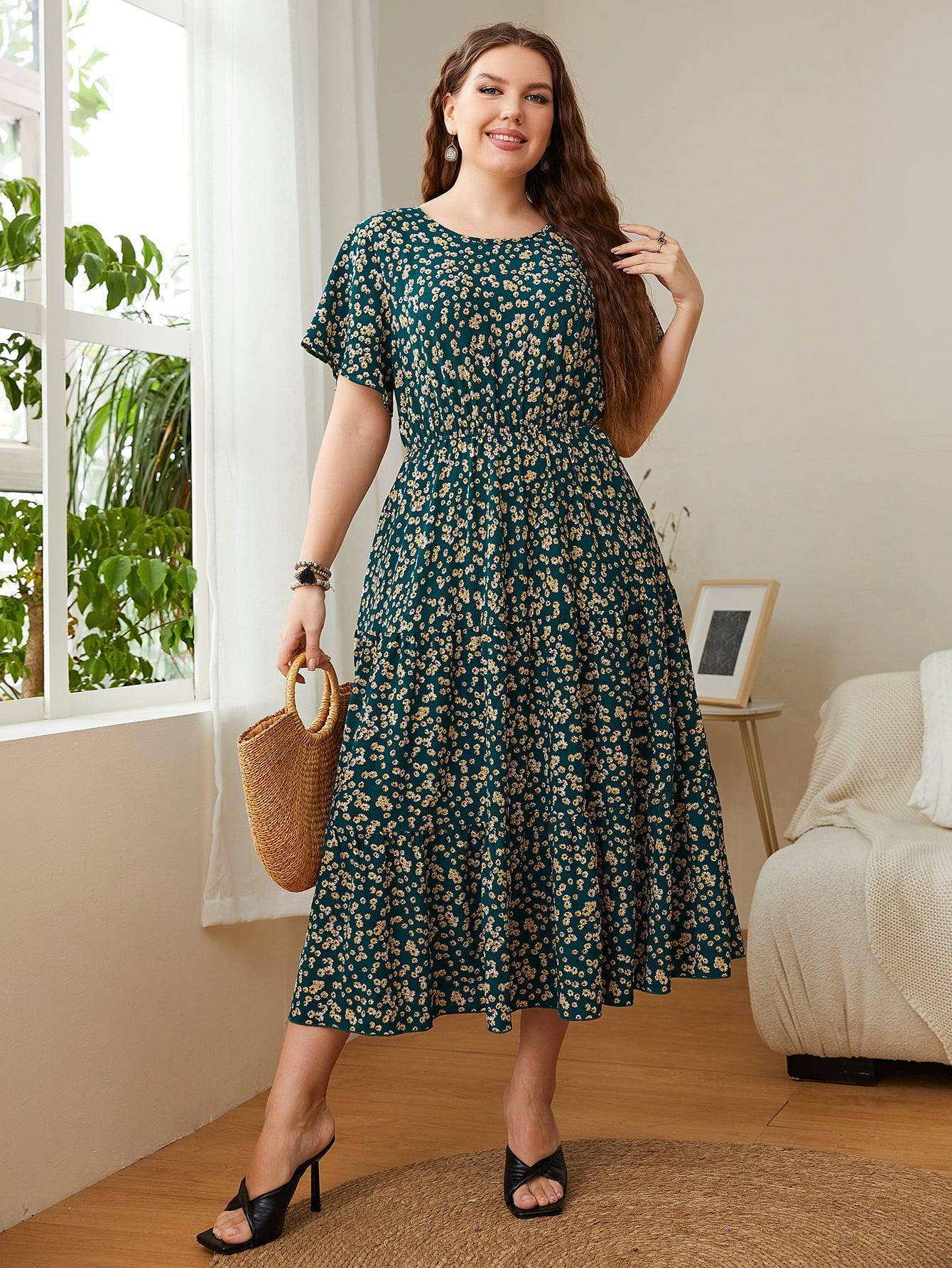 Plus Size Floral Round Neck Short Sleeve Midi Dress BLUE ZONE PLANET