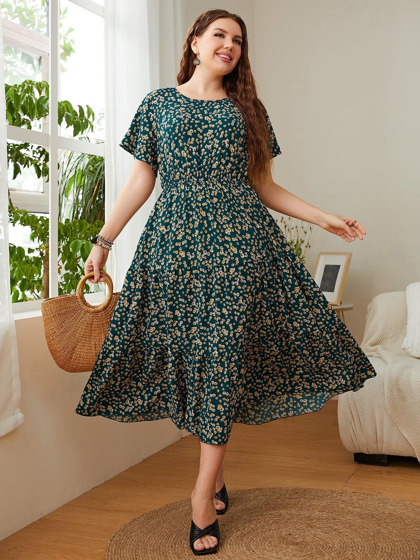 Plus Size Floral Round Neck Short Sleeve Midi Dress BLUE ZONE PLANET