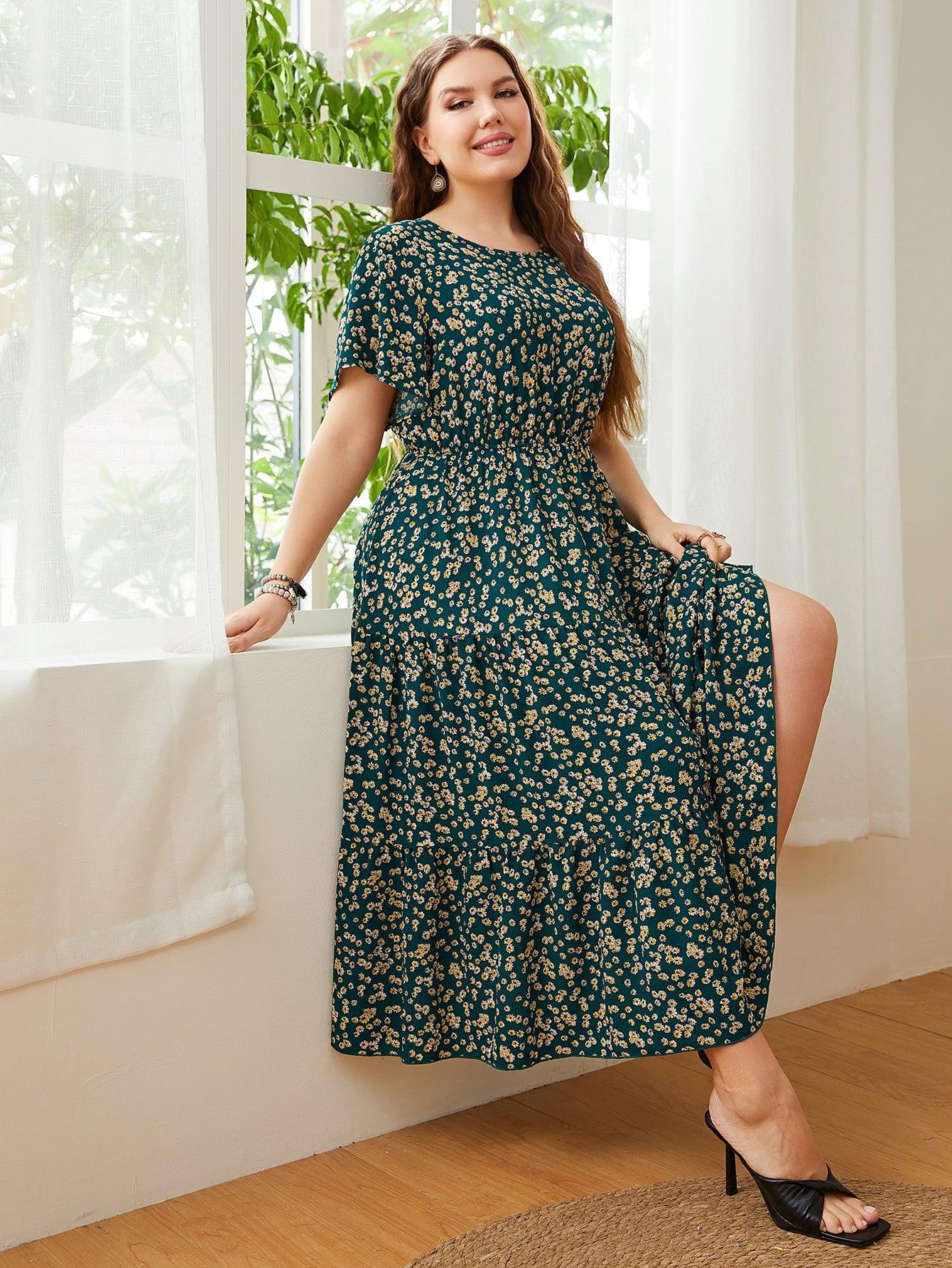 Plus Size Floral Round Neck Short Sleeve Midi Dress BLUE ZONE PLANET