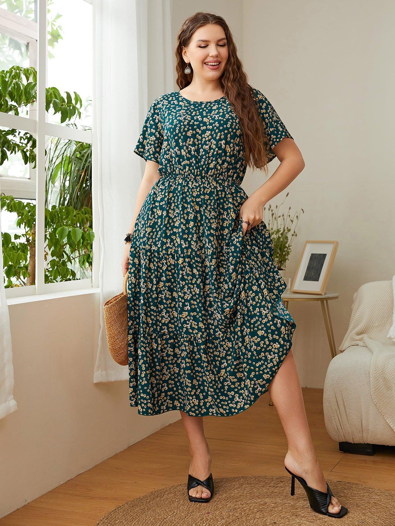 Plus Size Floral Round Neck Short Sleeve Midi Dress BLUE ZONE PLANET