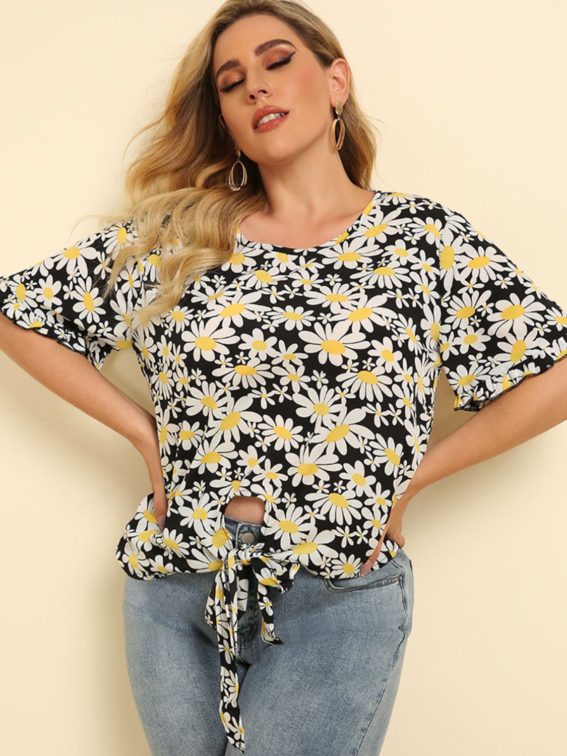 Plus Size Floral Round Neck Tie Hem Blouse BLUE ZONE PLANET