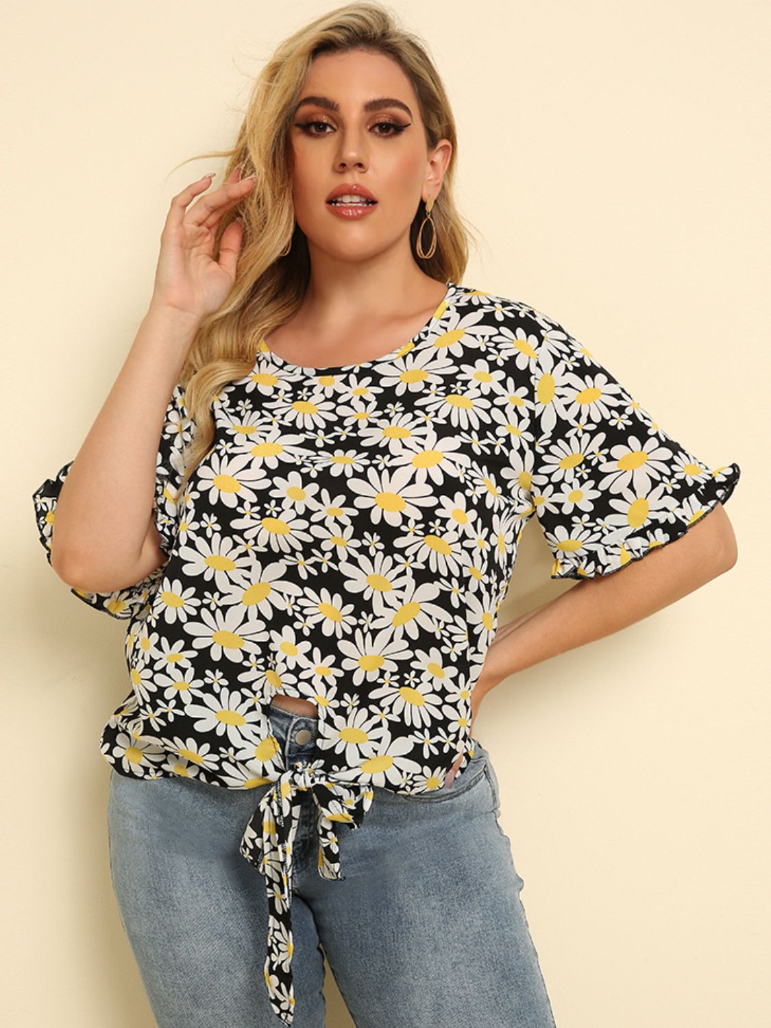 Plus Size Floral Round Neck Tie Hem Blouse BLUE ZONE PLANET