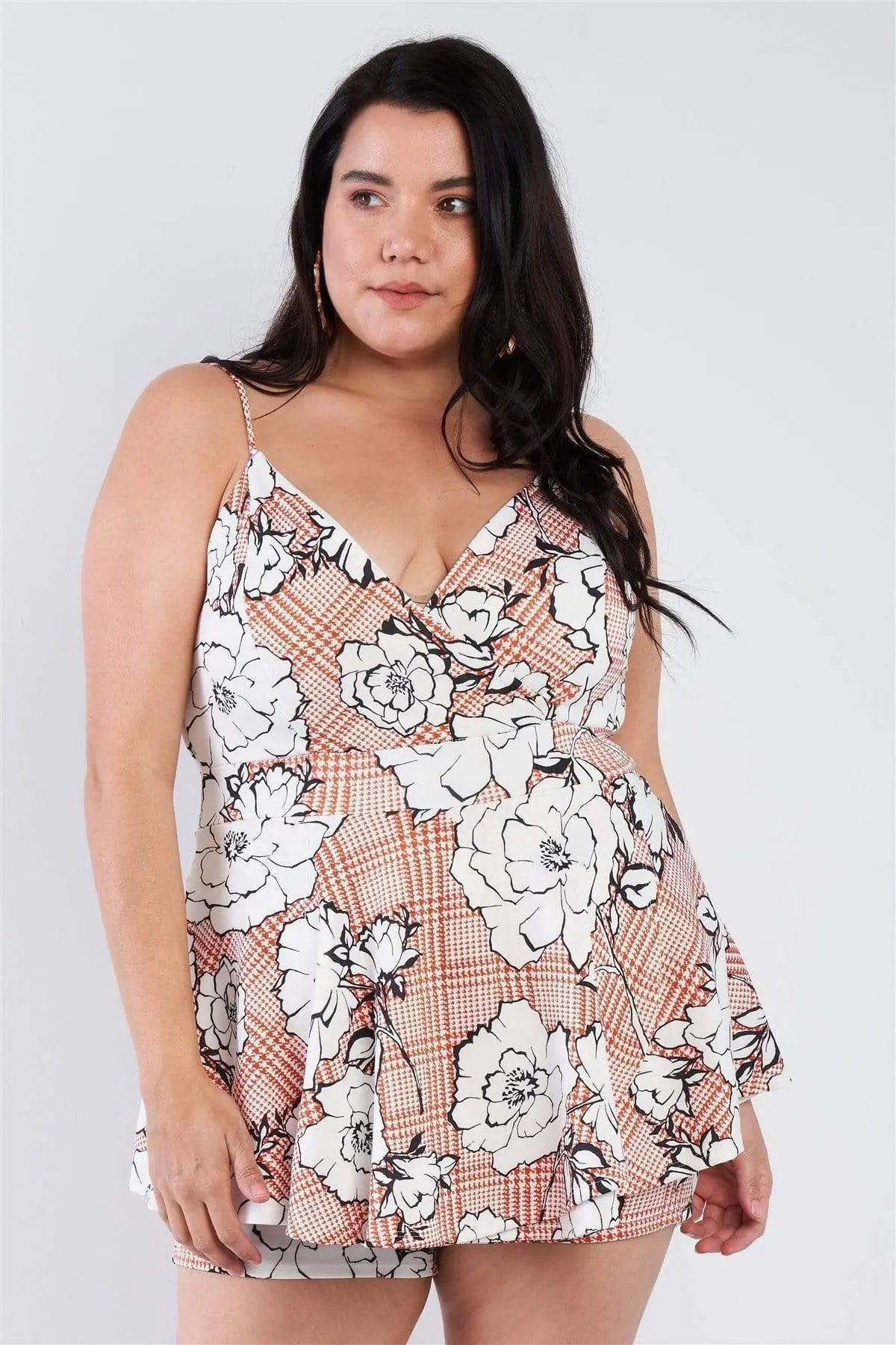 Plus Size Floral Short Skirt Mini V-Neck Romper Blue Zone Planet