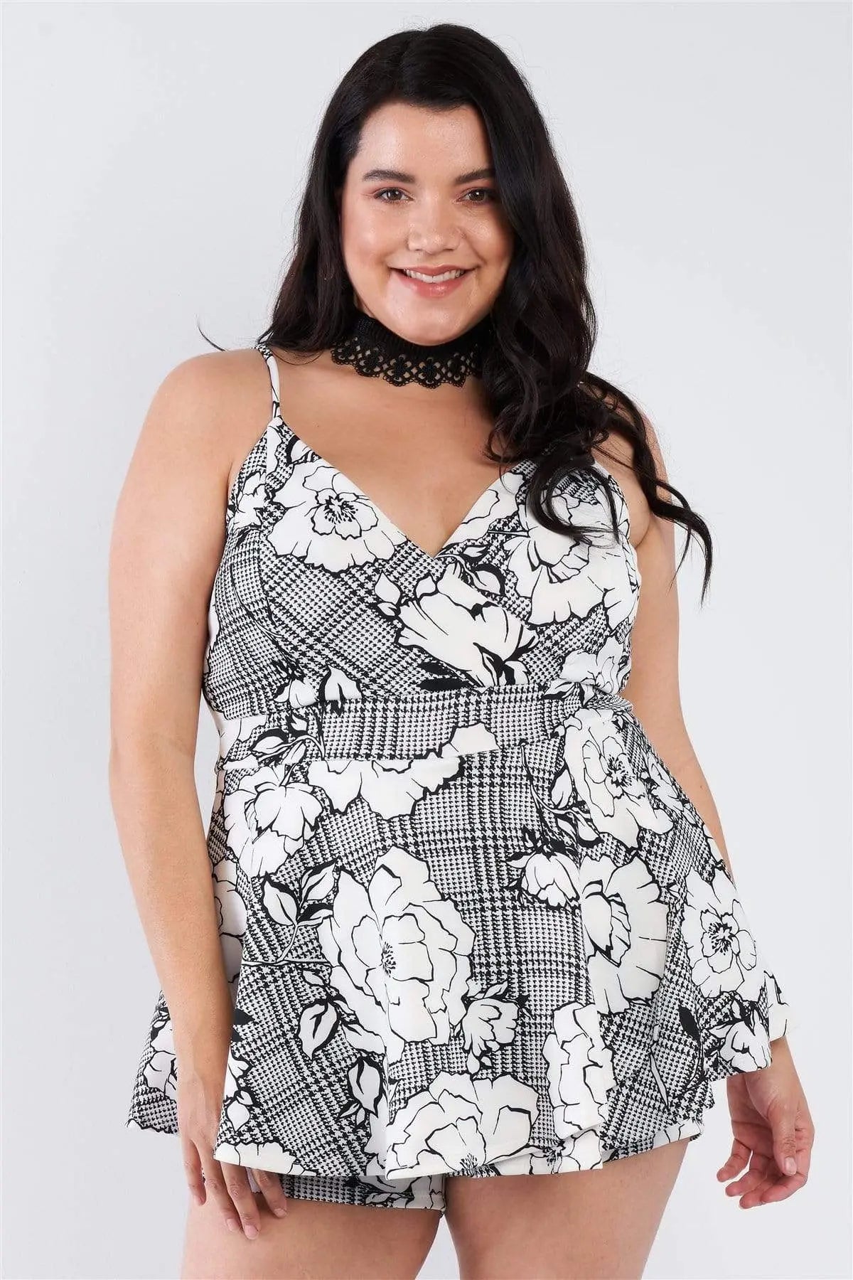 Plus Size Floral Short Skirt Mini V-Neck Romper Blue Zone Planet