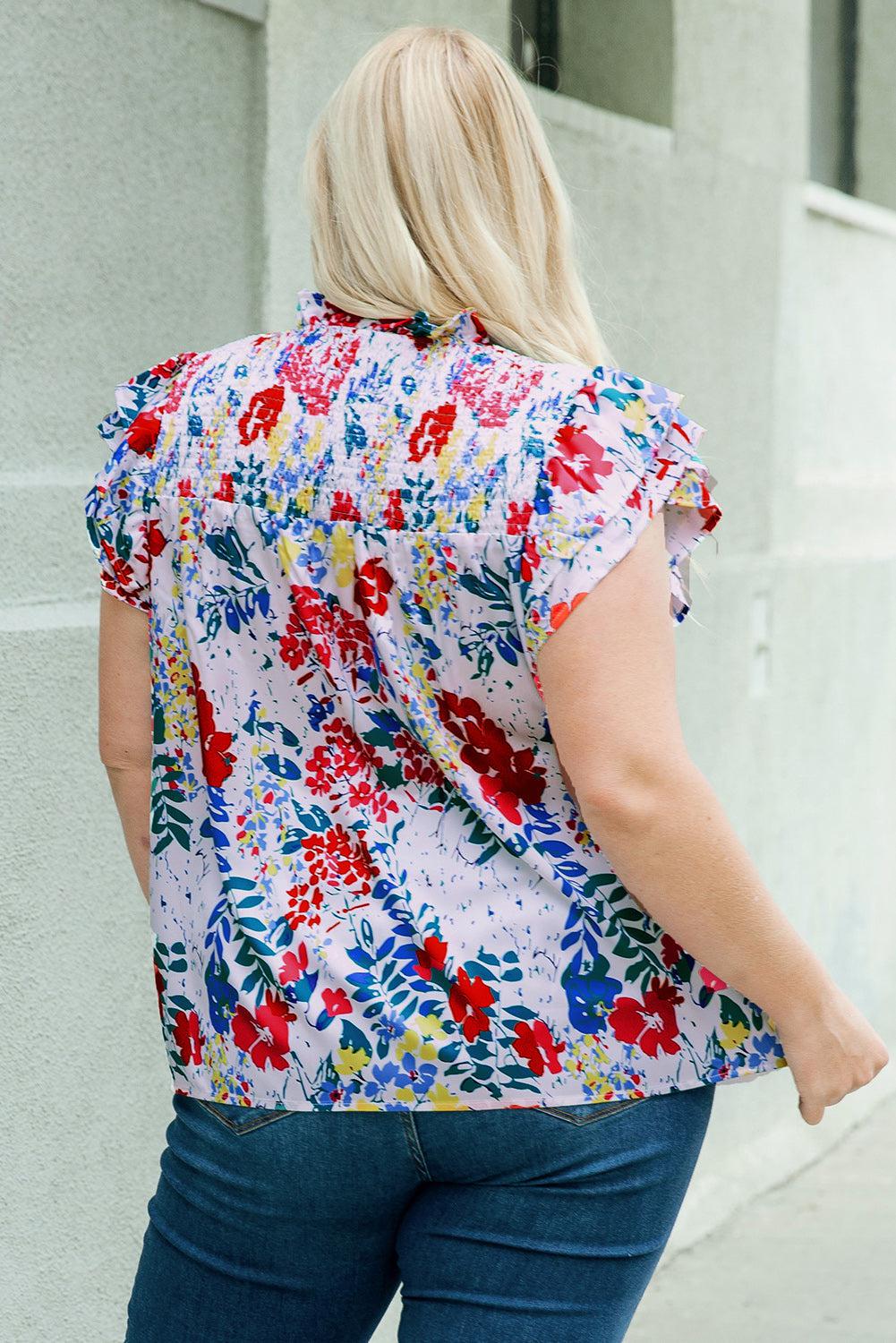 Plus Size Floral Smocked Flutter Sleeve Blouse BLUE ZONE PLANET