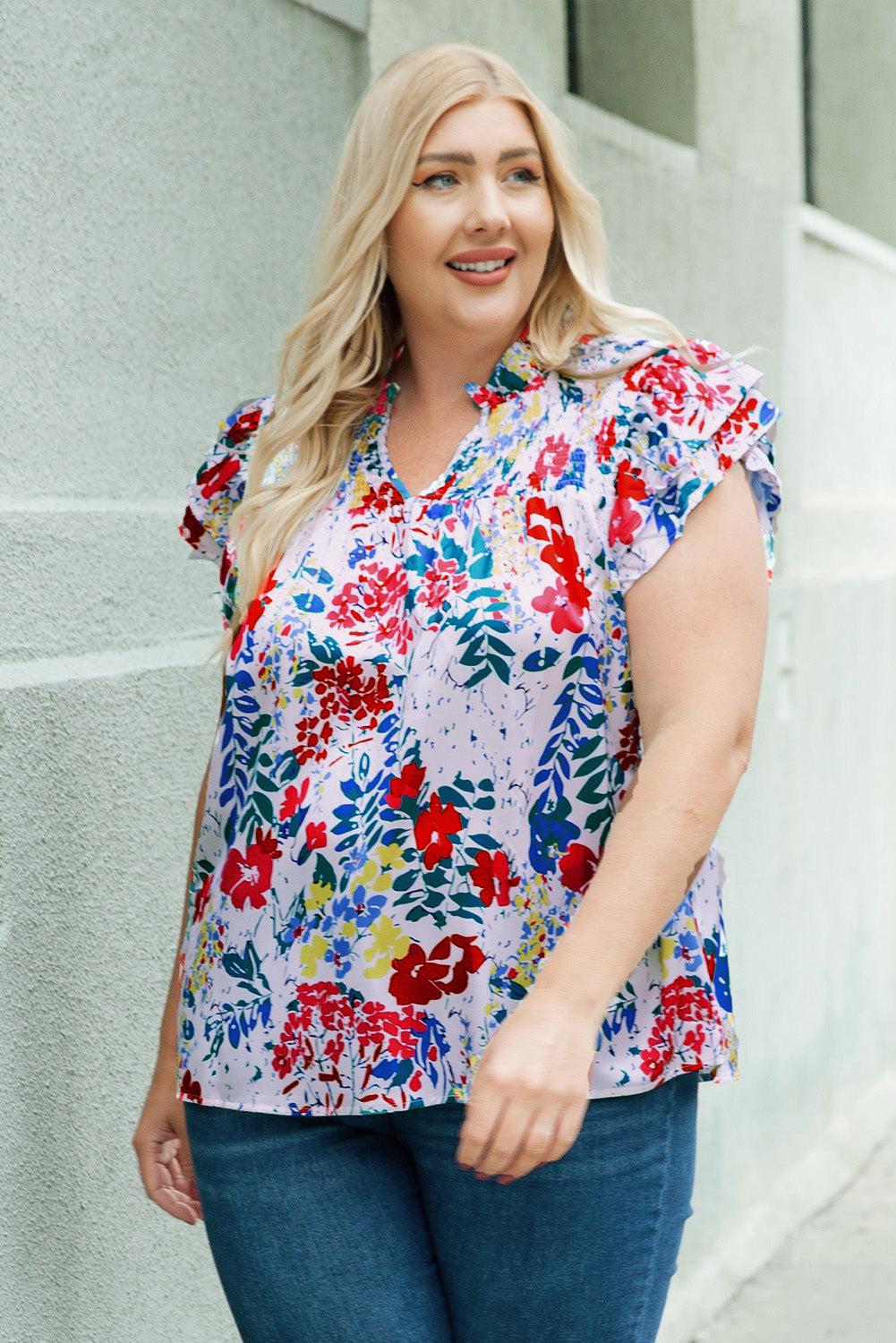Plus Size Floral Smocked Flutter Sleeve Blouse BLUE ZONE PLANET