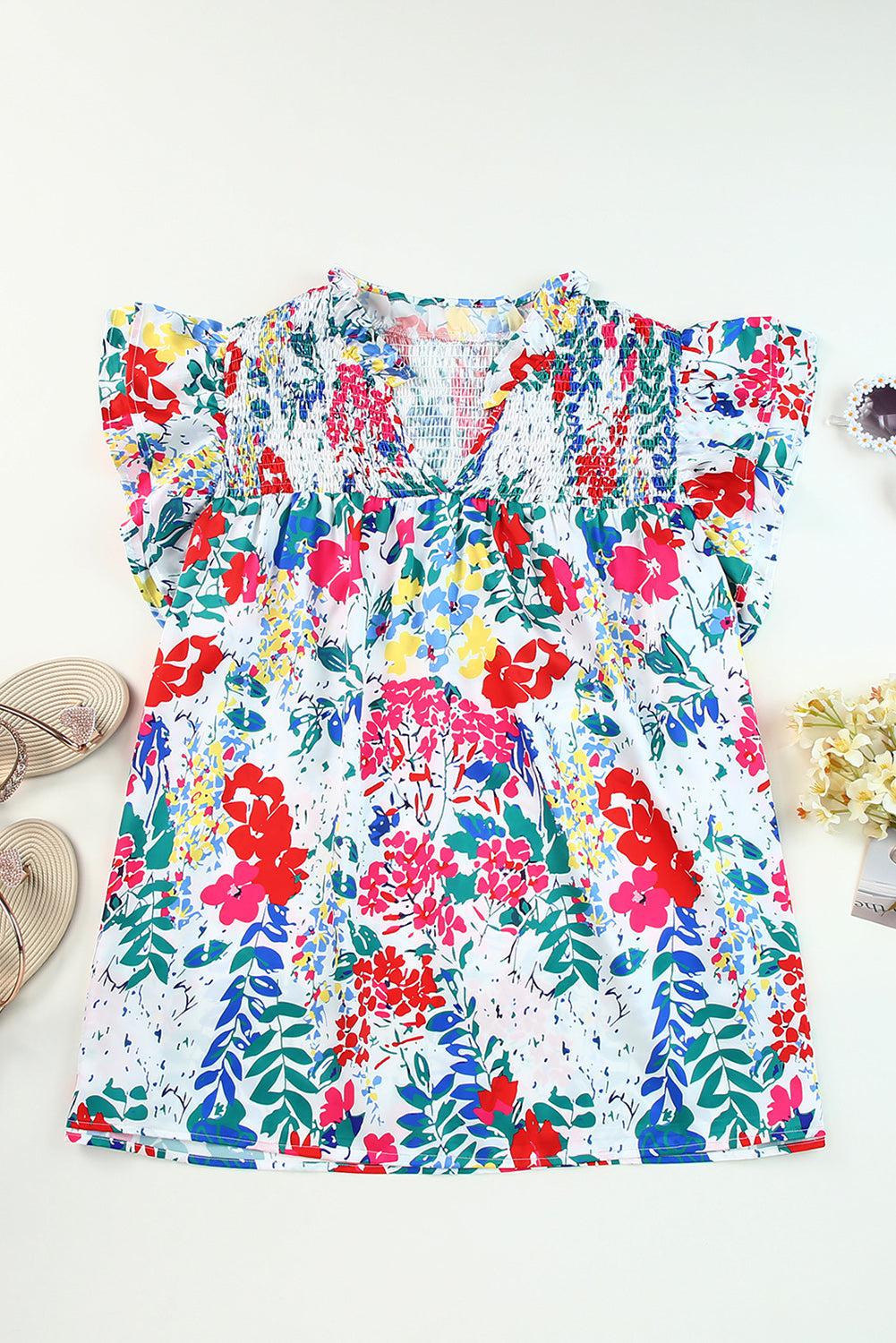 Plus Size Floral Smocked Flutter Sleeve Blouse BLUE ZONE PLANET