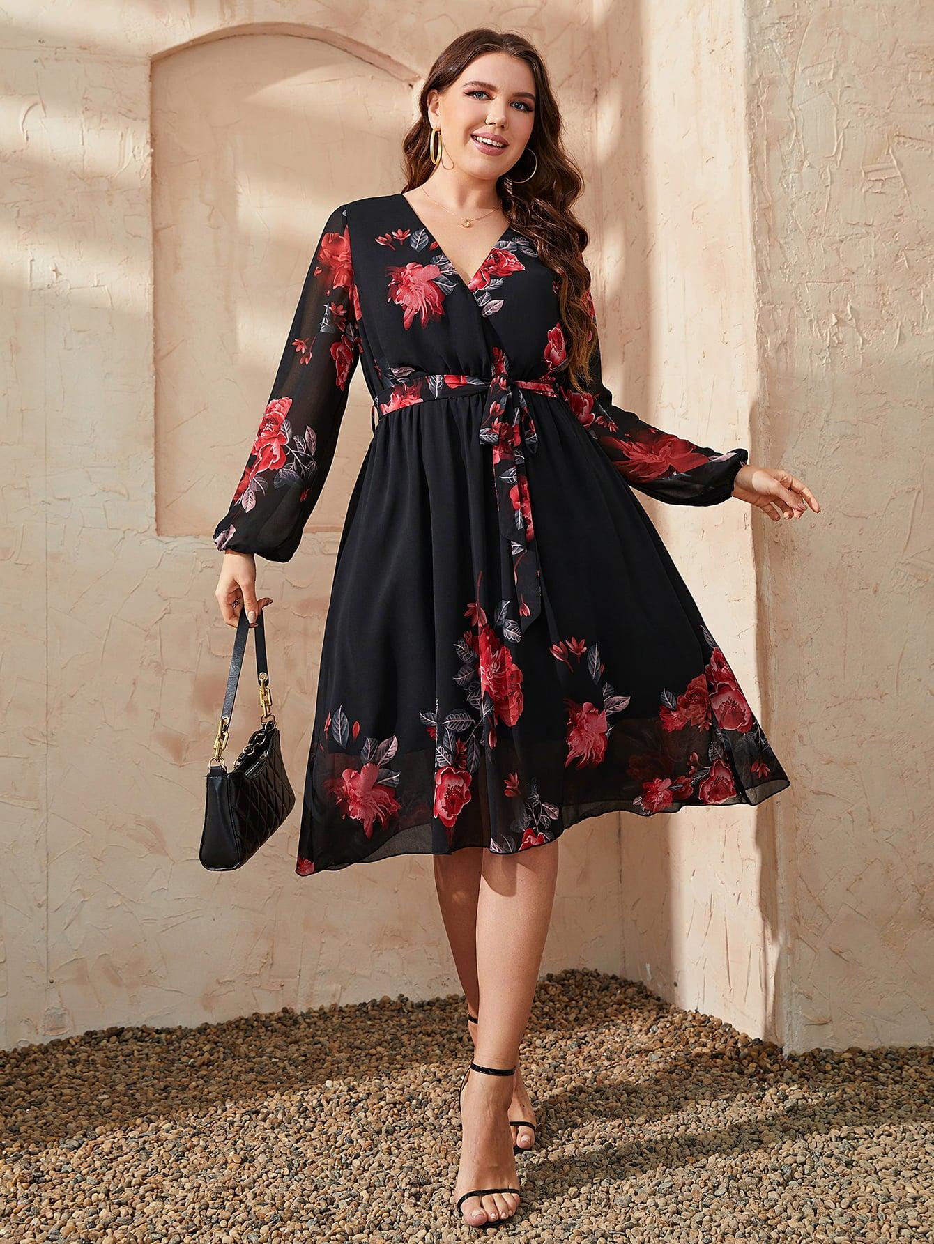 Plus Size Floral Surplice Neck Tie Waist Dress BLUE ZONE PLANET