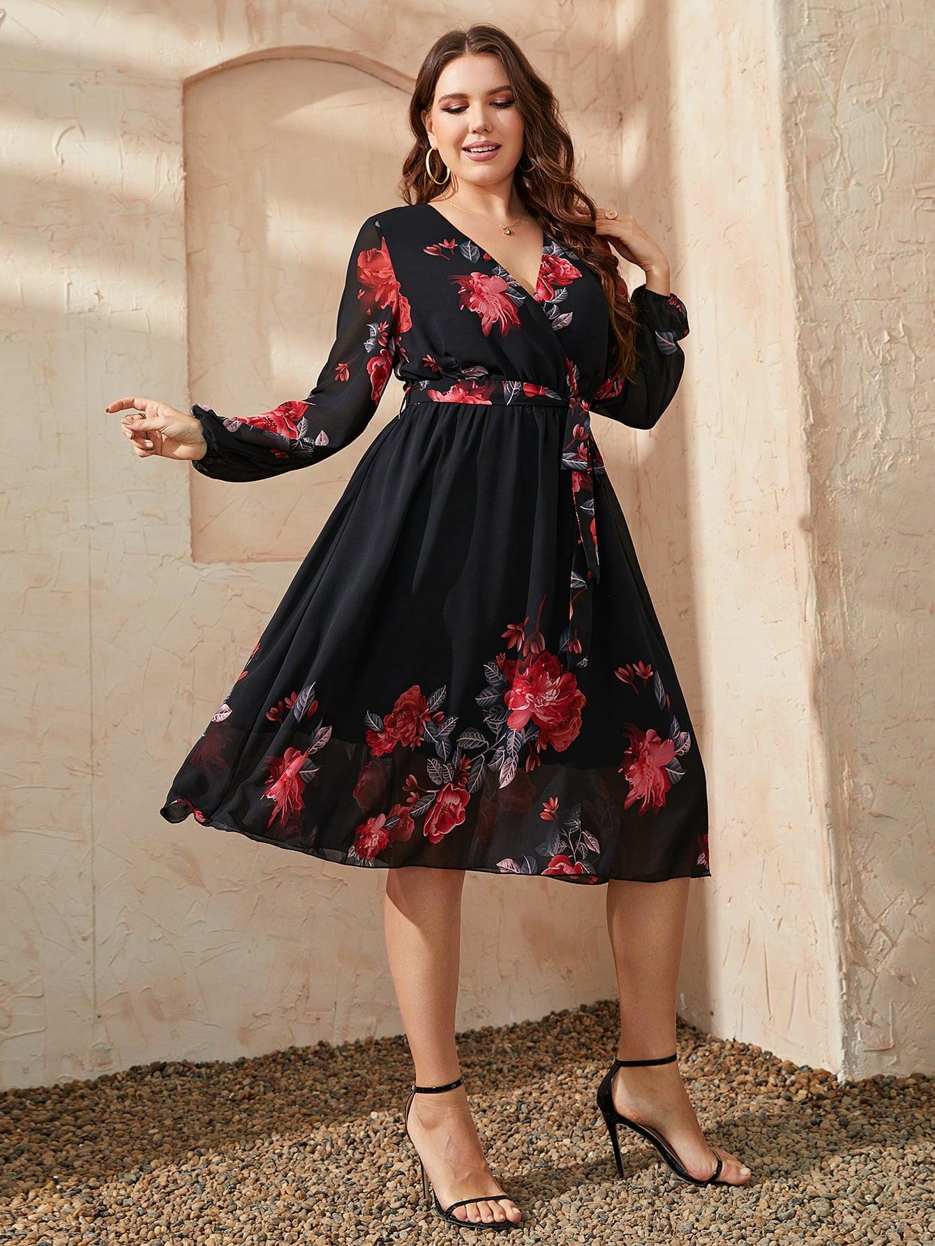 Plus Size Floral Surplice Neck Tie Waist Dress BLUE ZONE PLANET