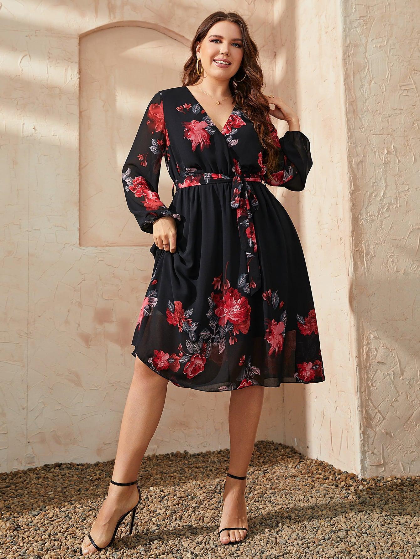 Plus Size Floral Surplice Neck Tie Waist Dress BLUE ZONE PLANET