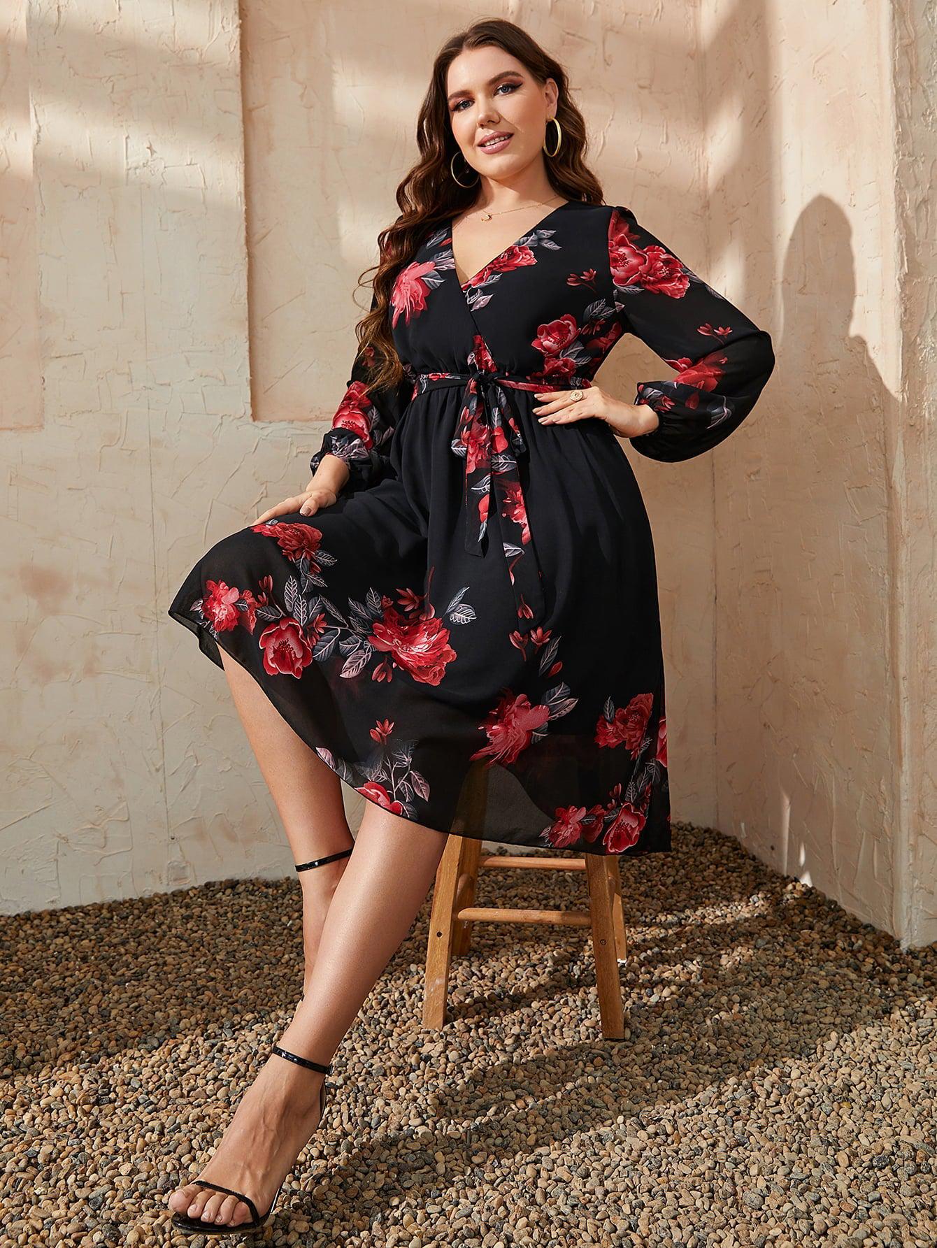 Plus Size Floral Surplice Neck Tie Waist Dress BLUE ZONE PLANET