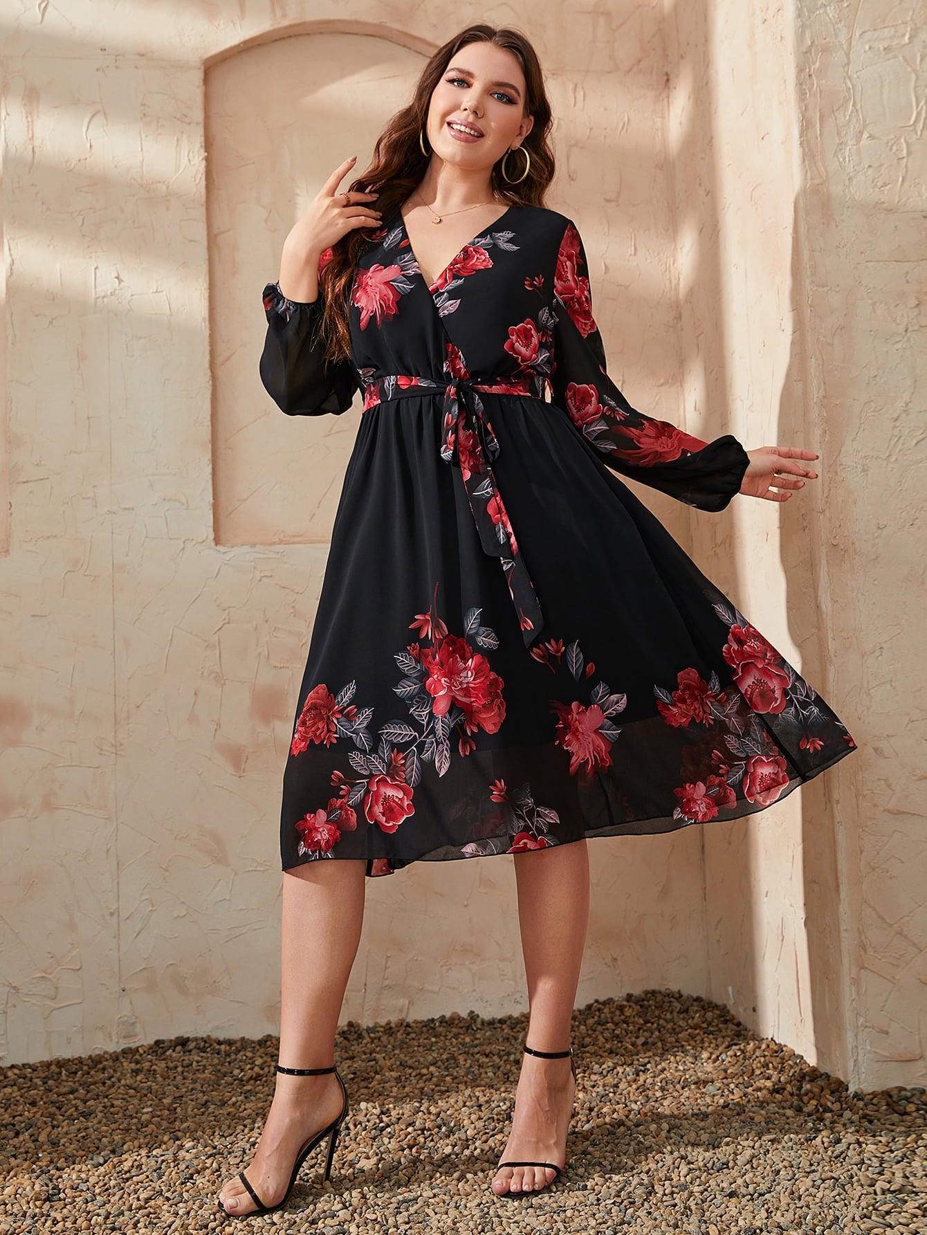 Plus Size Floral Surplice Neck Tie Waist Dress BLUE ZONE PLANET
