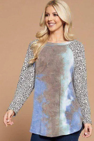 Plus Size French Terry Tie-Dye Casual Color Block Top Blue Zone Planet