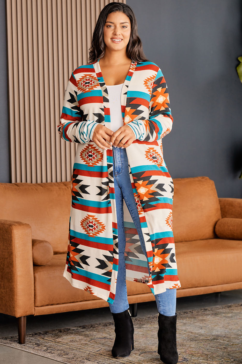 Plus Size Geometric Open Front Longline Cardigan BLUE ZONE PLANET