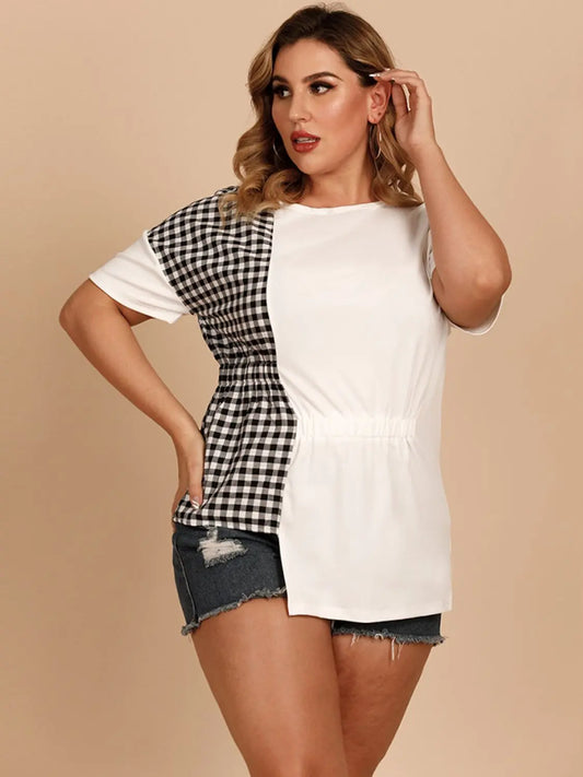 Plus Size Gingham Color Block Asymmetrical T-Shirt BLUE ZONE PLANET