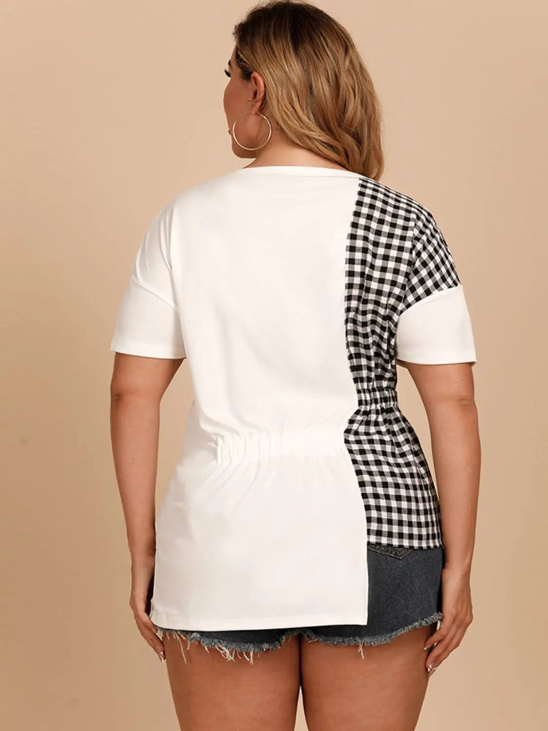 Plus Size Gingham Color Block Asymmetrical T-Shirt BLUE ZONE PLANET