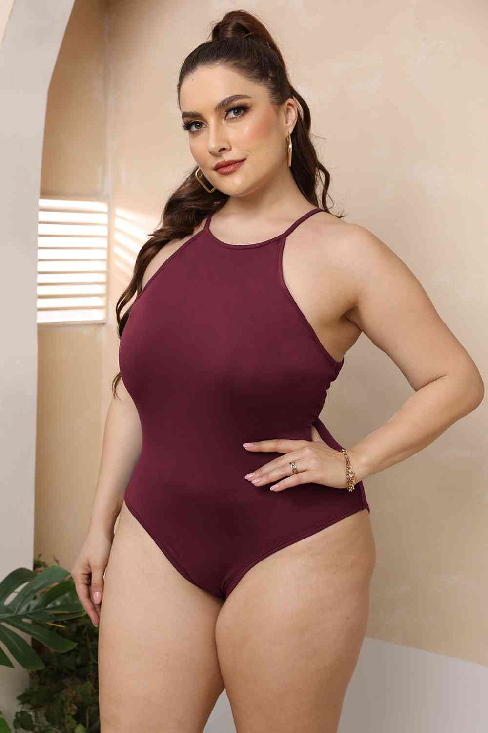 Plus Size Halter Neck Spaghetti Strap Bodysuit BLUE ZONE PLANET