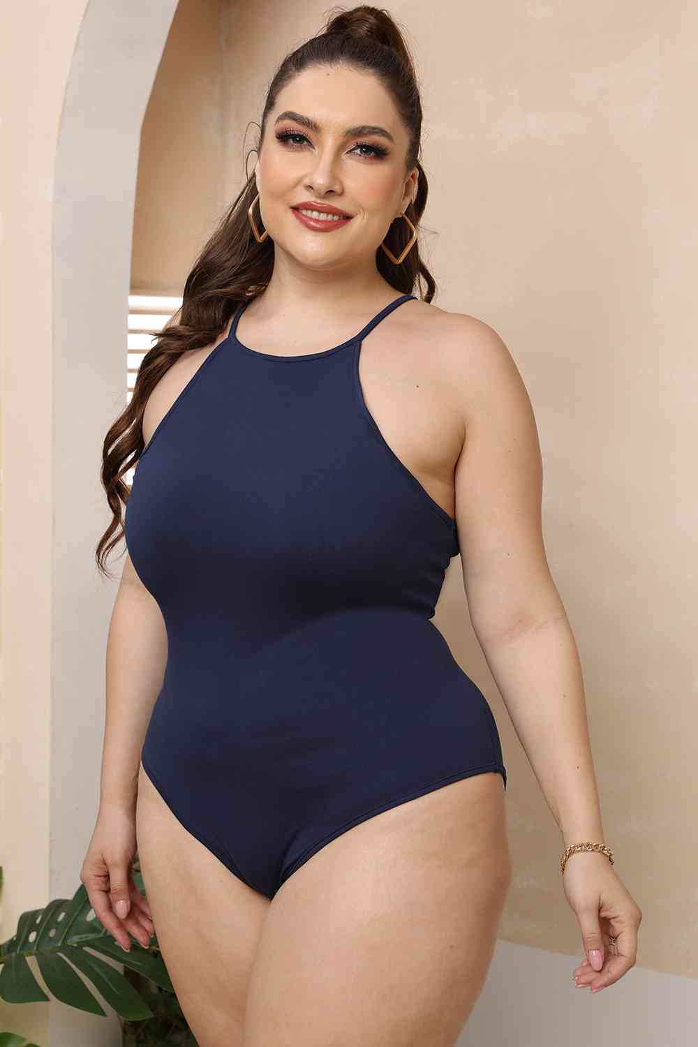 Plus Size Halter Neck Spaghetti Strap Bodysuit BLUE ZONE PLANET
