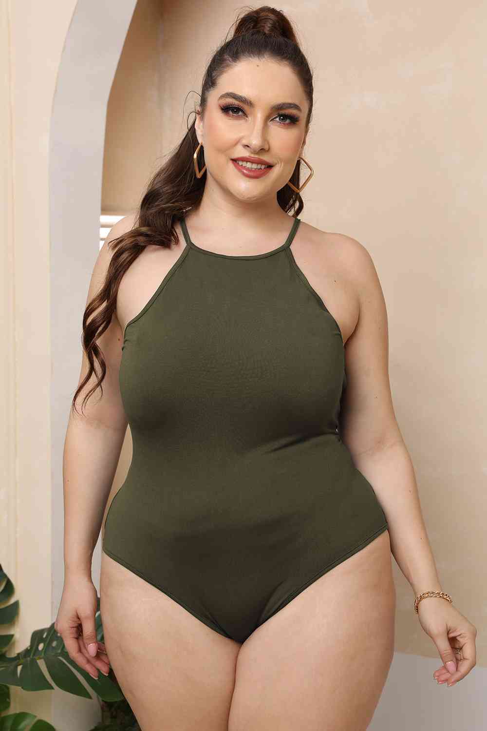 Plus Size Halter Neck Spaghetti Strap Bodysuit BLUE ZONE PLANET