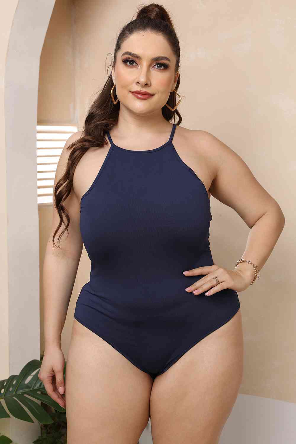 Plus Size Halter Neck Spaghetti Strap Bodysuit BLUE ZONE PLANET