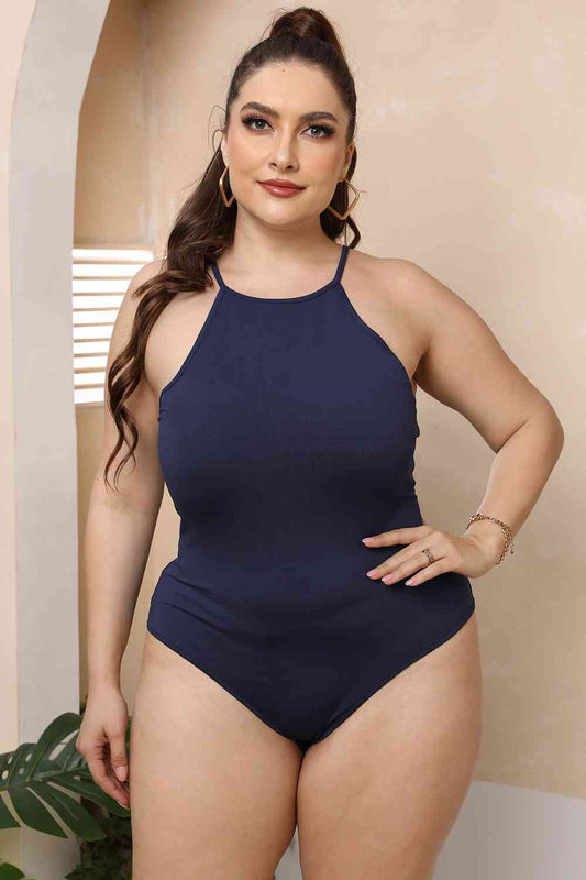 Plus Size Halter Neck Spaghetti Strap Bodysuit BLUE ZONE PLANET