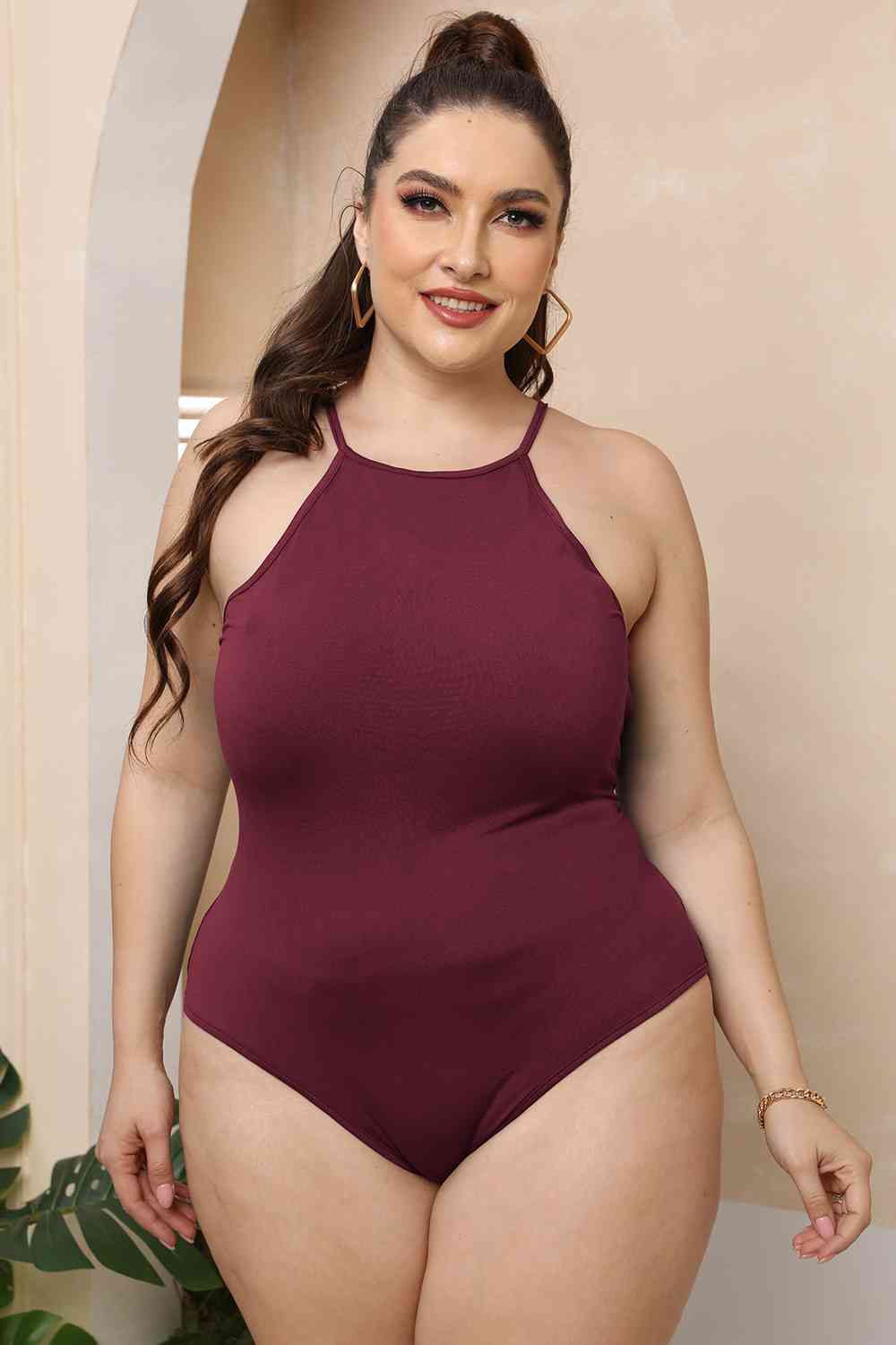 Plus Size Halter Neck Spaghetti Strap Bodysuit BLUE ZONE PLANET