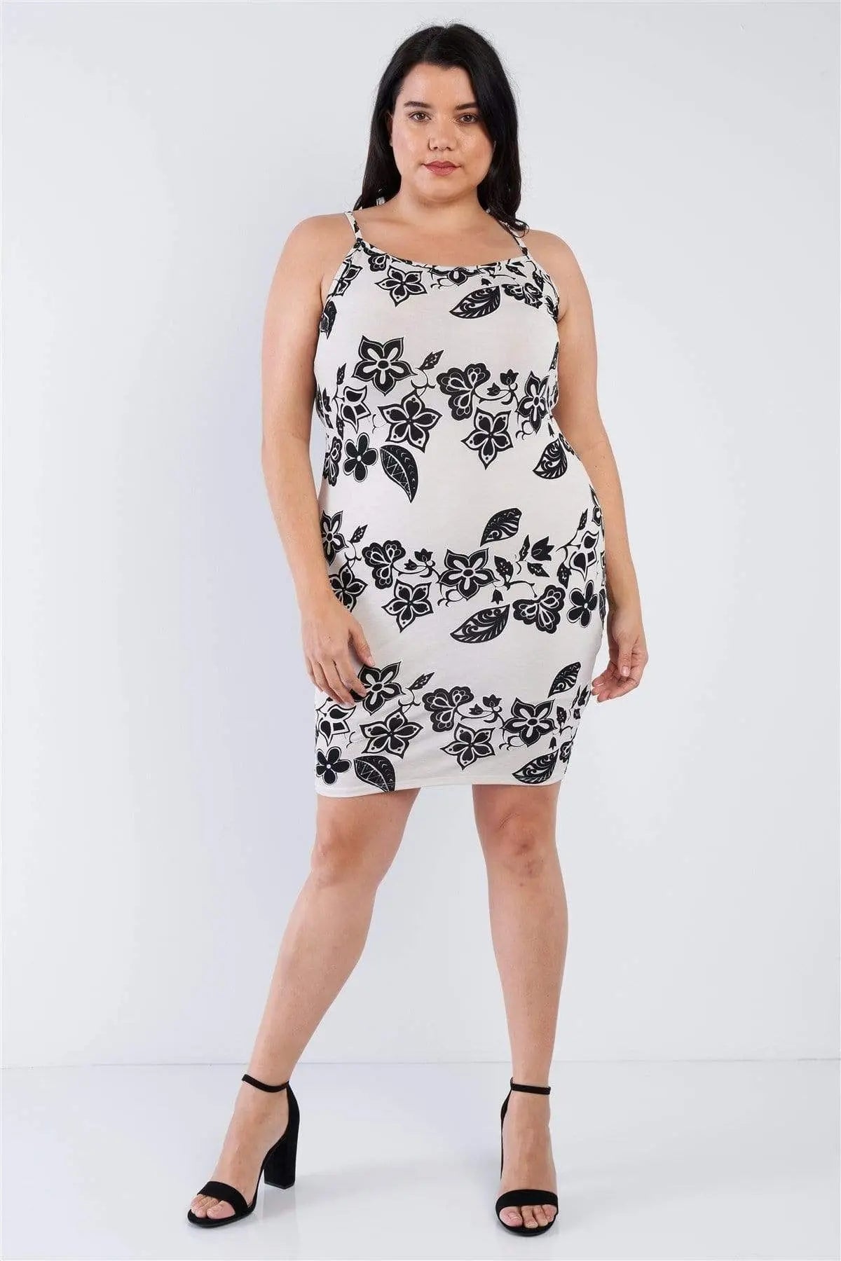 Plus Size Ivory Black Floral Basic Dress Blue Zone Planet