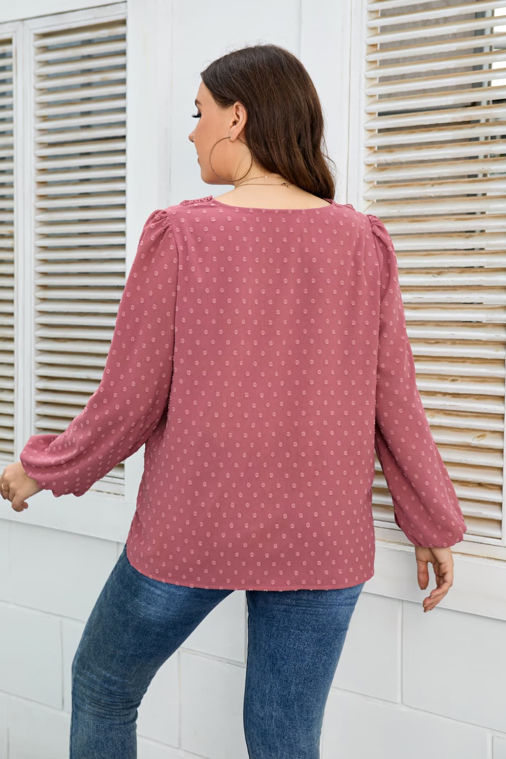 Plus Size Lace Trim V-Neck Balloon Sleeve Blouse BLUE ZONE PLANET