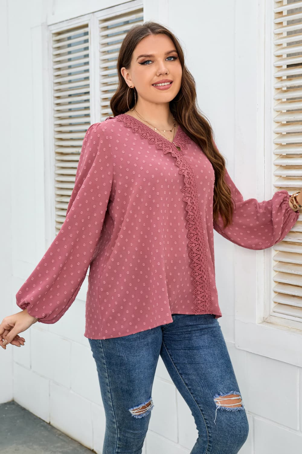 Plus Size Lace Trim V-Neck Balloon Sleeve Blouse BLUE ZONE PLANET