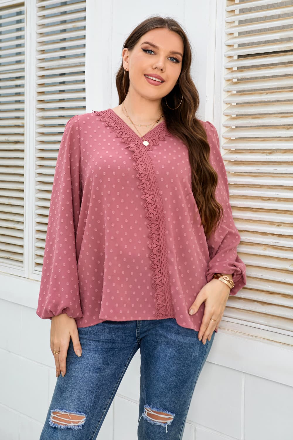 Plus Size Lace Trim V-Neck Balloon Sleeve Blouse BLUE ZONE PLANET