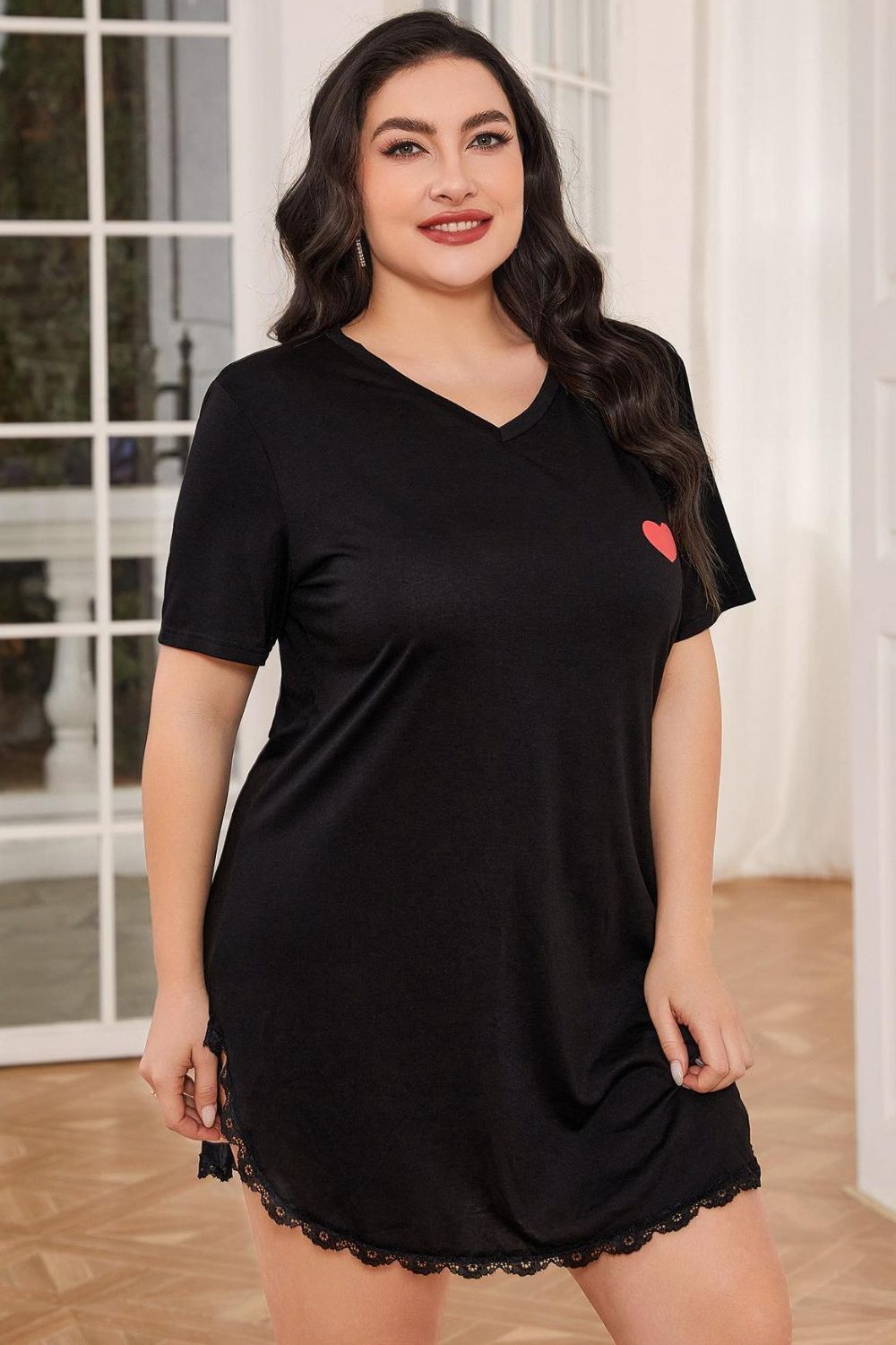 Plus Size Lace Trim V-Neck Short Sleeve Night Dress BLUE ZONE PLANET