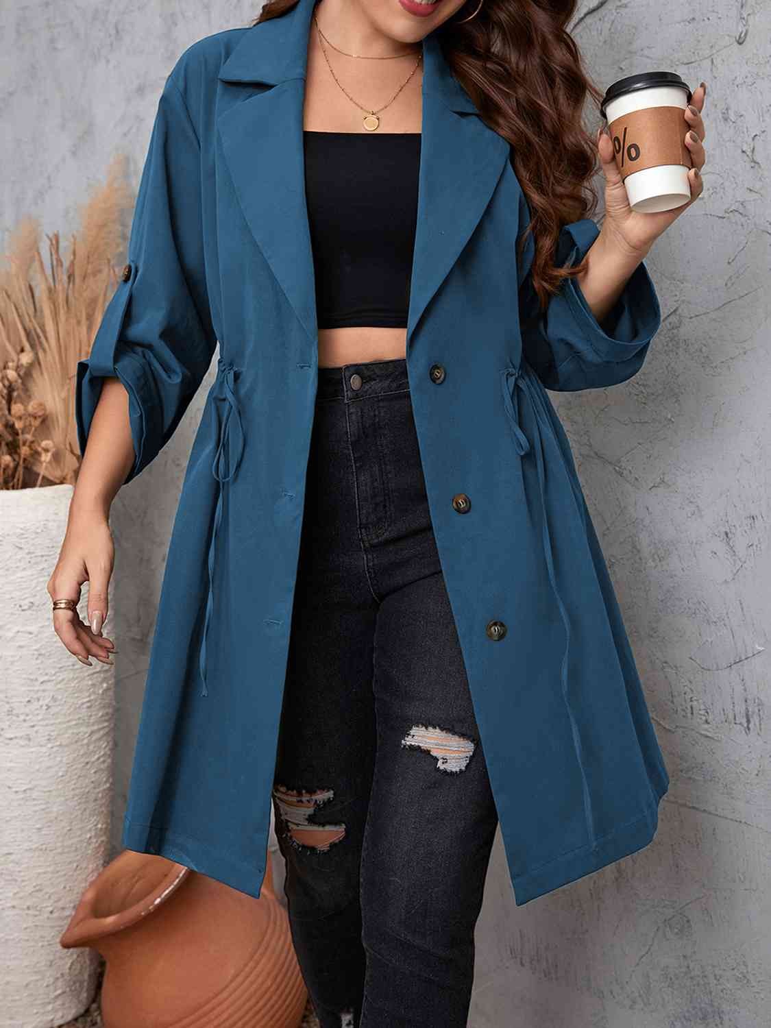 Plus Size Lapel Collar Drawstring Roll-Tab Sleeve Trench Coat BLUE ZONE PLANET