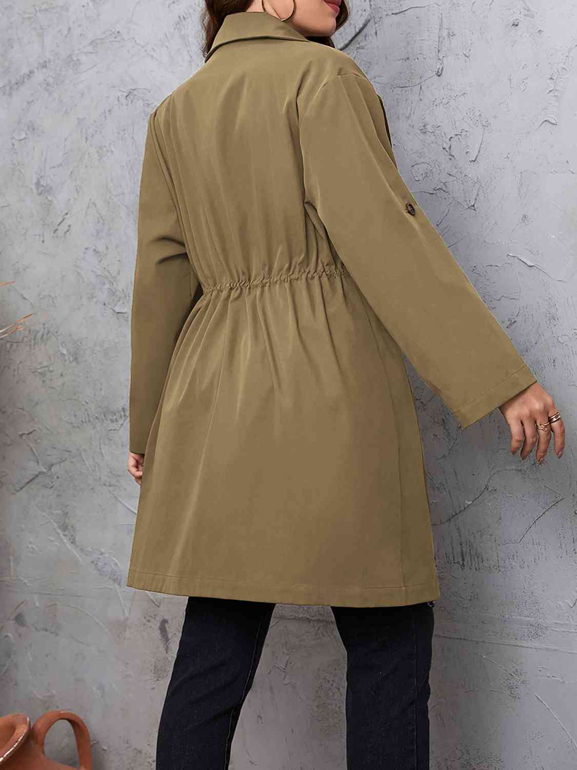 Plus Size Lapel Collar Drawstring Roll-Tab Sleeve Trench Coat BLUE ZONE PLANET