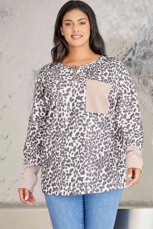 Plus Size Leopard Print Long Sleeve Sweatshirt BLUE ZONE PLANET