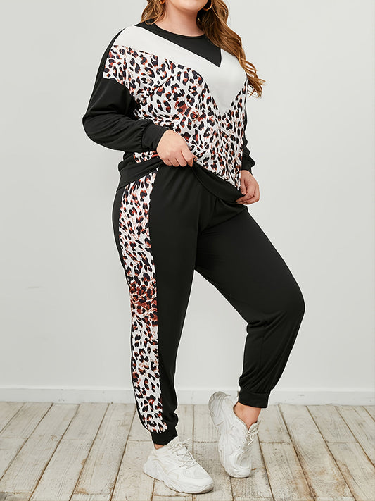 Plus Size Leopard Sweatshirt and Sweatpants Set BLUE ZONE PLANET