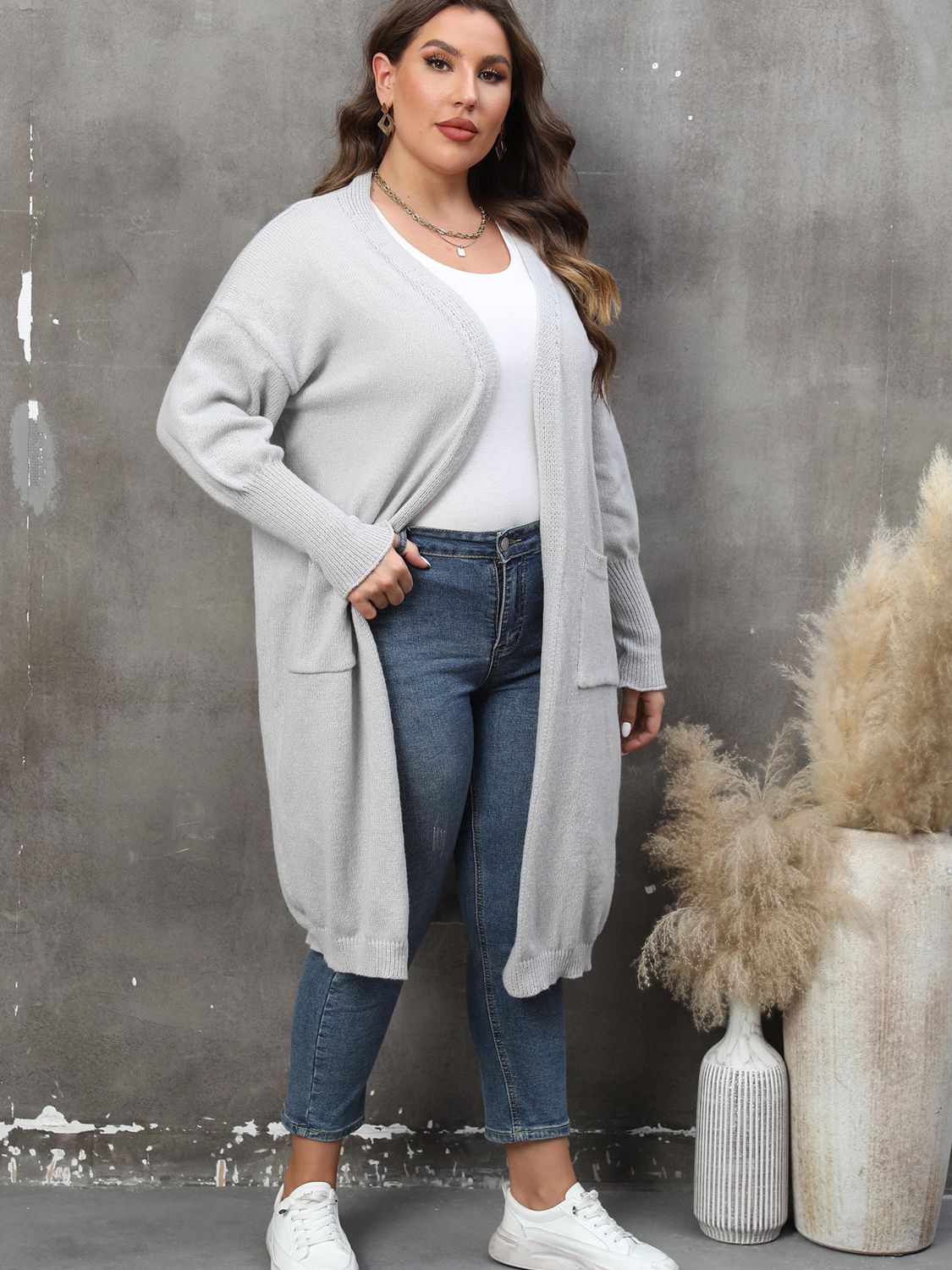 Plus Size Long Sleeve Pocketed Cardigan BLUE ZONE PLANET