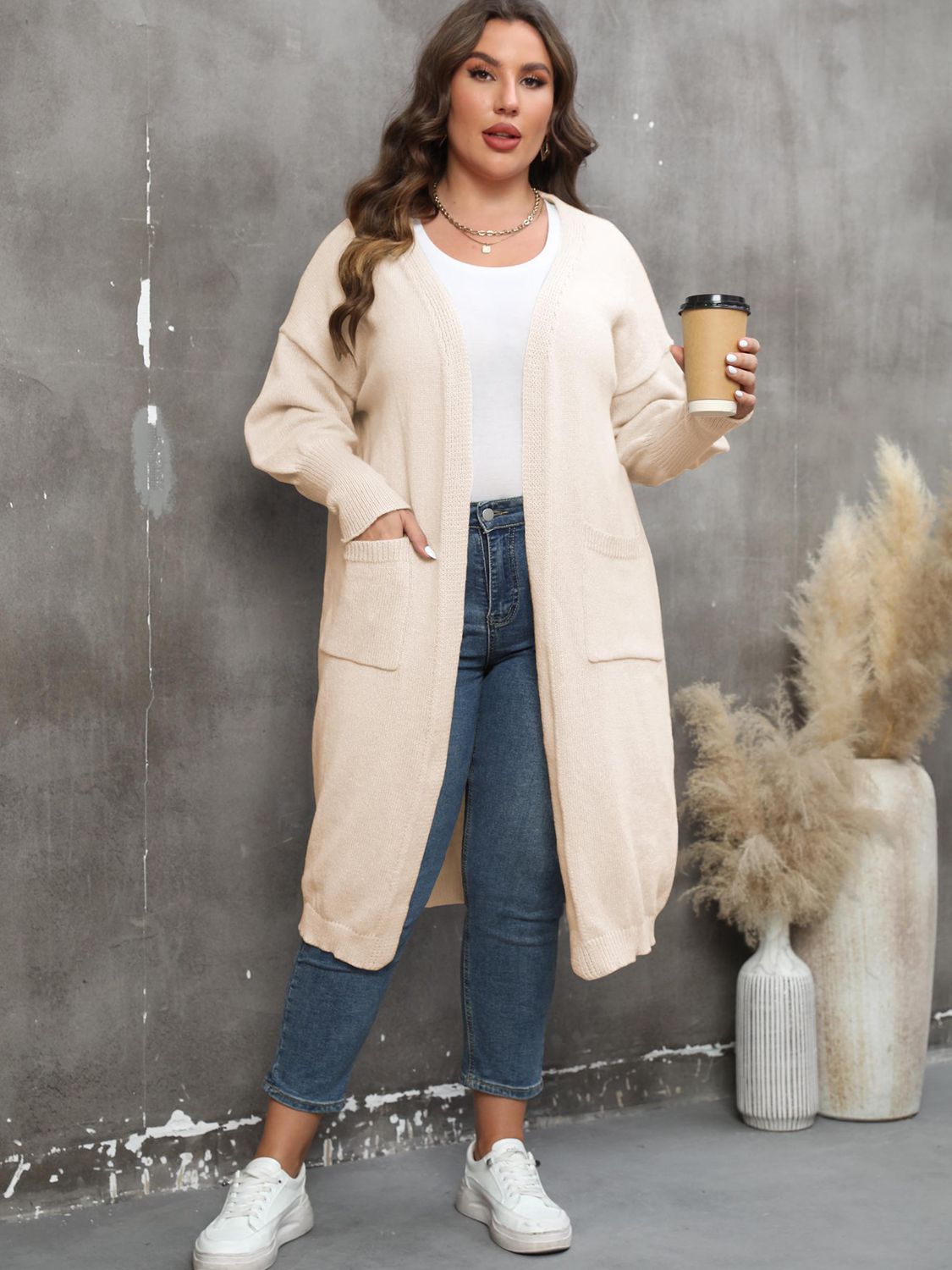 Plus Size Long Sleeve Pocketed Cardigan BLUE ZONE PLANET
