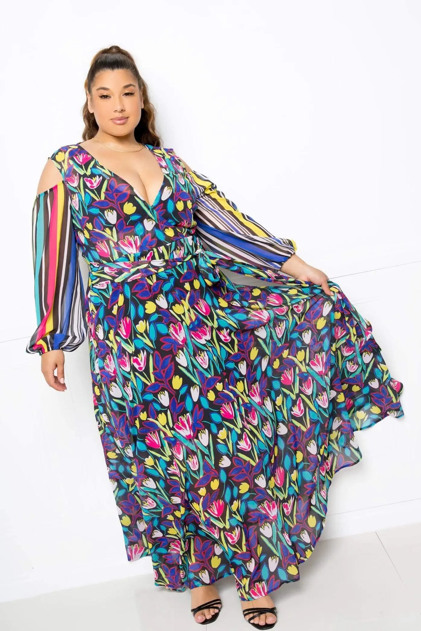 Plus Size Multi Print Chiffon Maxi Dress Blue Zone Planet