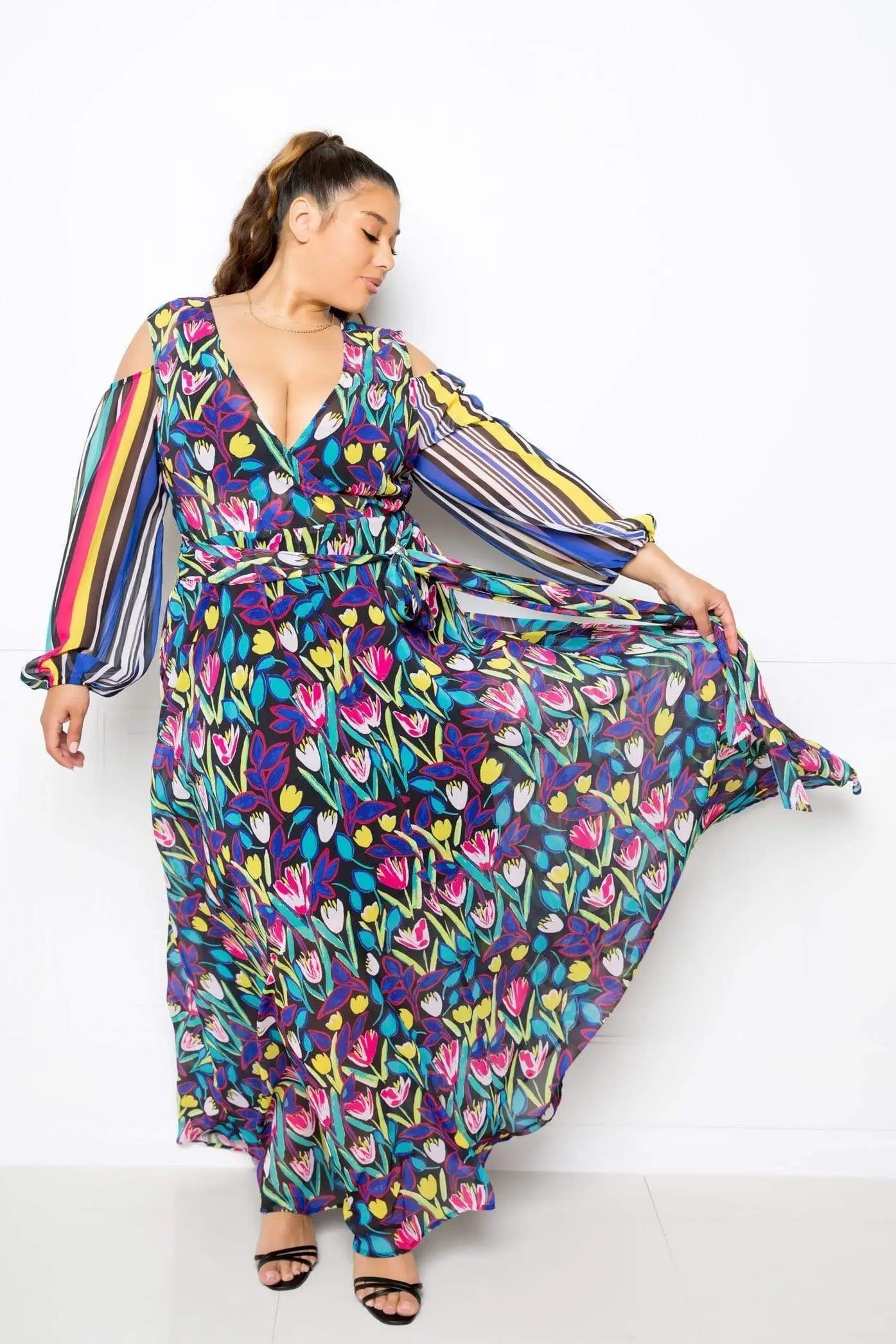Plus Size Multi Print Chiffon Maxi Dress Blue Zone Planet