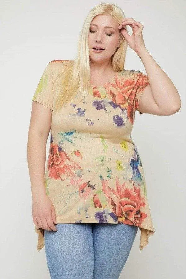 Plus Size Multi-colored Watercolor Flower Print Tunic Blue Zone Planet